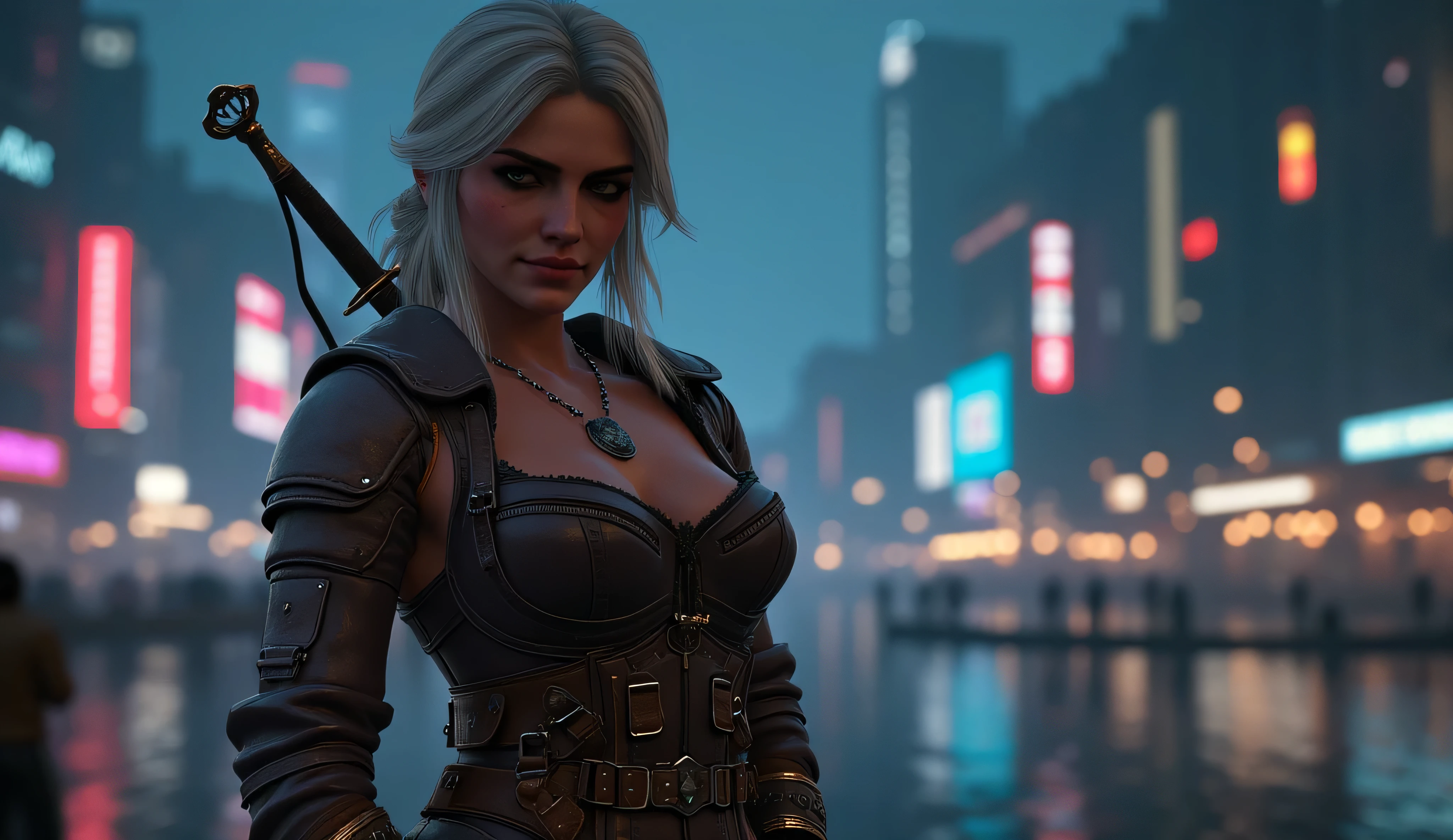  realistic photo,  Ciri from The Witcher 3 smiles slyly   , very high (the giantess),  long strong legs  ,     big breasts    ,   sexy cyberpunk clothes  ,  athletic figure , two swords behind   ,   full-length photo  ,    nightcity with Cyberpunk 2077 in the background ,    Photo in great detail    . 