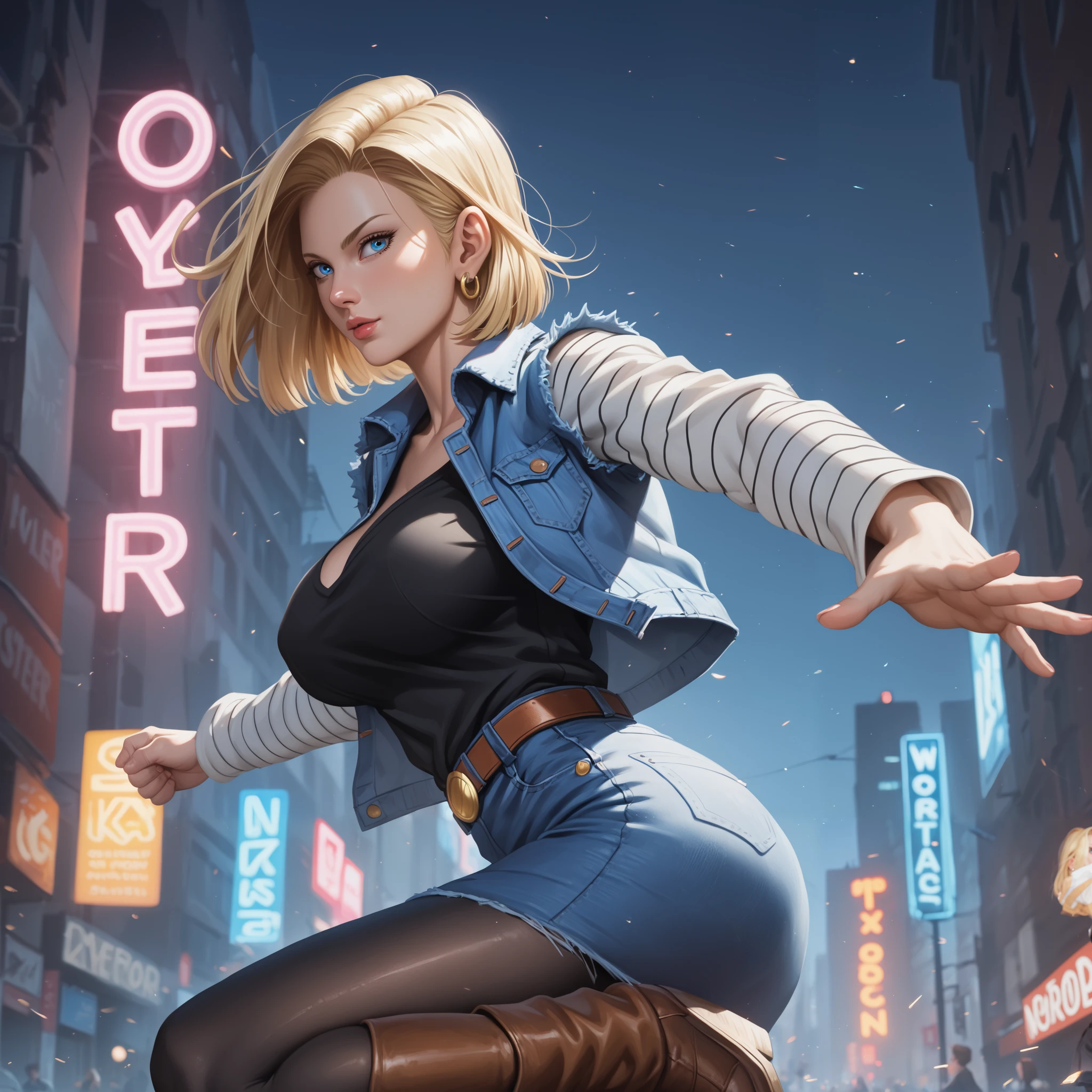 score_9,score_8_up,score_7_up,high res image,masterpiece,best quality,realistic,mature female,android 18,(fair_skin:1.3),shiny_skin,glamor,zzAndroid18,blue eyes,light_eyes,blonde hair,short hair,black top,jacket,denim,denim jacket,earrings,long sleeves,shirt,skirt,belt,striped_sleeves,(big breasts:1.3),brown boots,rectangular eye,(black tights:1.1),(cyber street:1.2),(noir_vesper:1.1),(neon lights:1.1),(flying_kick:1.1),(from_side:1.1),