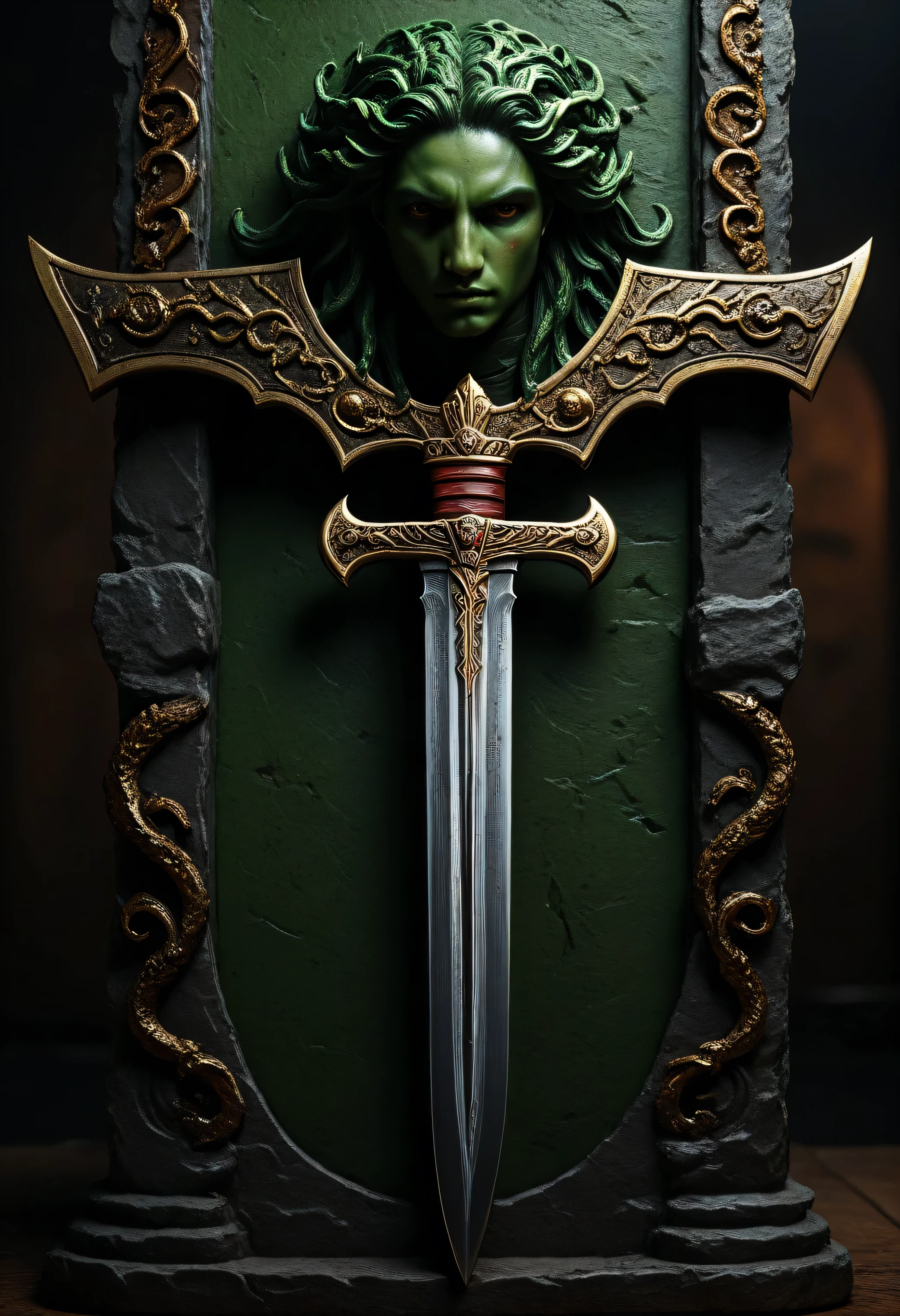 safe_pos, (score_9, score_8_up:1.1), score_7_up, photorealistic, rating:explicit ((sword with medusa image)), A high-definition sword made of gold and iron, intricately designed with a detailed medusa image at its center, ornate engravings, green flames, displayed vertically on stone tablet, reflective metallic surface, cinematic lighting, ultra-realistic, 8k resolution, masterpiece digital , trending on ArtStation, glowing highlights, medieval fantasy theme, highly detailed textures, sharp focus, epic composition,
medusa, absurdres, masterpiece,, Expressiveh choker, pubic-hair, flux-style ((masterpiece, Highest quality, Best image quality, High resolution, Realistic, RAW Photos, 8k, Highly detailed)) 4lch3my_l4b CyberRealistic_Negative_PONY