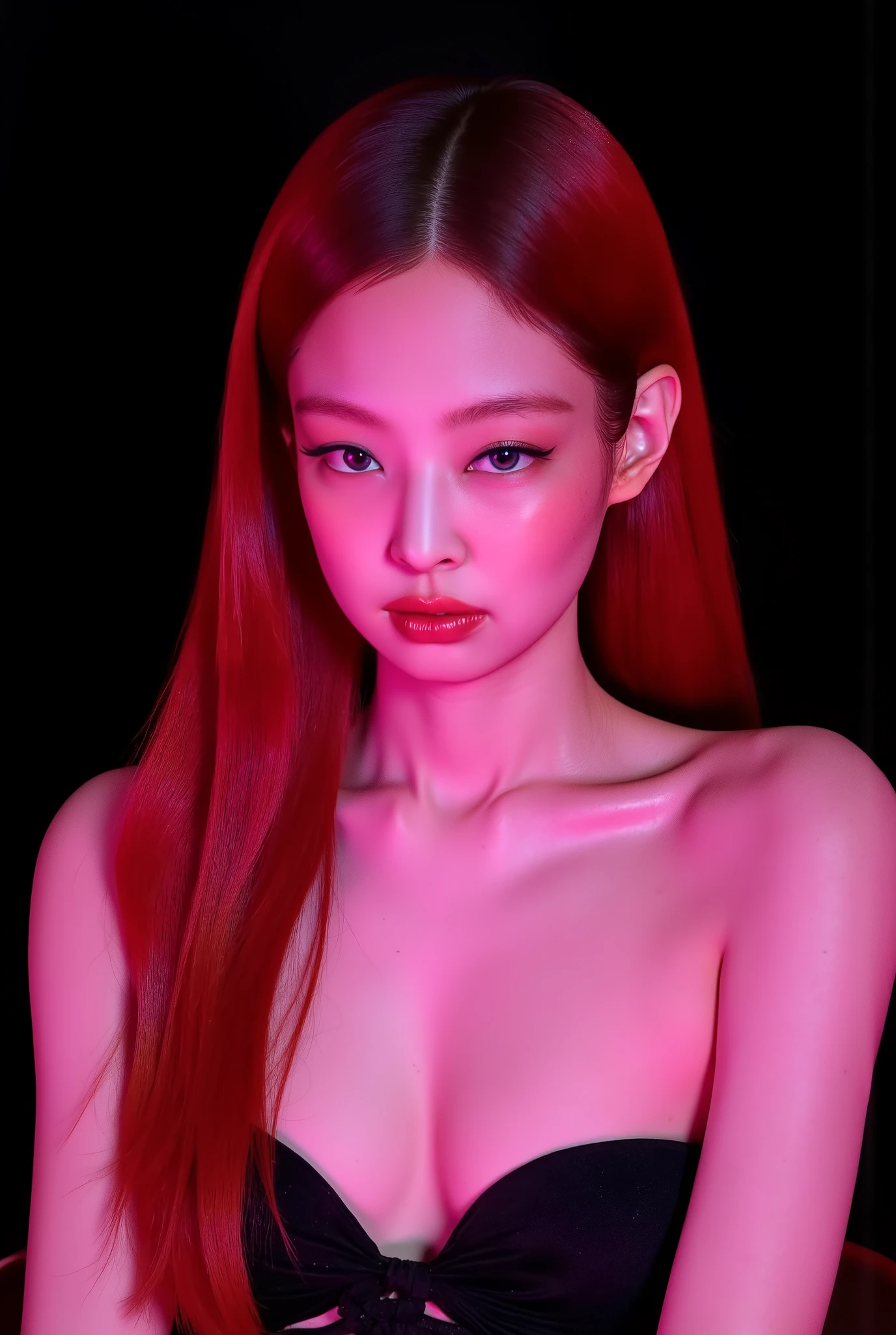 One girl、((tattoos)), Excellent anatomy, masterpiece, Highest quality,Realistic, hyperRealistic, 16k hdr,NSFW、long red Hair、Straight Hair、bangs、freckles、high school girl、Slender、medium body、asian high school girl, huge breasts,dress top, highschhol girl attire, , Lewd, horny, (((sexual gaze))), huge breasts, (((neon pink monochromatic color palette))), (((sexy pose))), big pink eyes, ulzzang, portrait, (anime), manga, sexy, submissive, (((crying))), ((seductive)), ((heavy blushing)), shy, tease, 8k, Highest quality, masterpiece, Sharp focus, ((shiny skin)), ((naughty girl)), black background, jennie Kim,