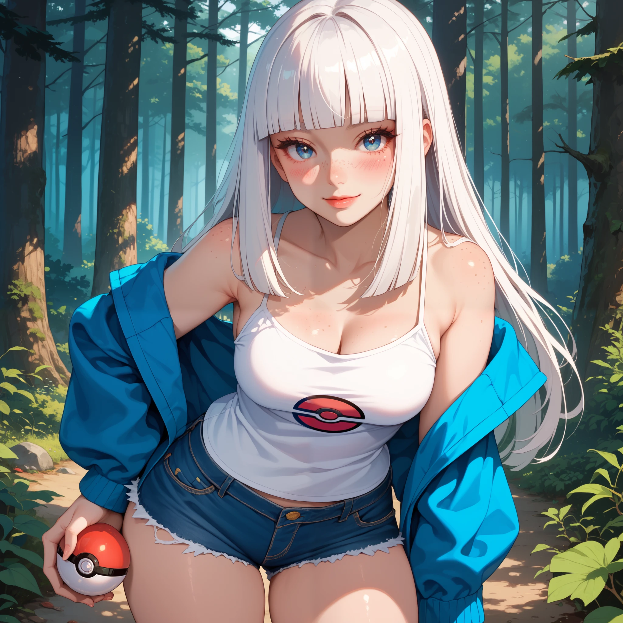 score_9, score_8_up, score_7_up, vivid colors, (1girl, solo), (pokemon trainer) (holding pokeball) (long hair, white hair, hime cut), stunning blue eyes, sexy lips, pale white skin, (medium breasts) jacket, strappy camisole, short jean shorts, (blush, freckles), forest full of trees, looking at viewer, (standing), thick thighs, cleavage, smile,