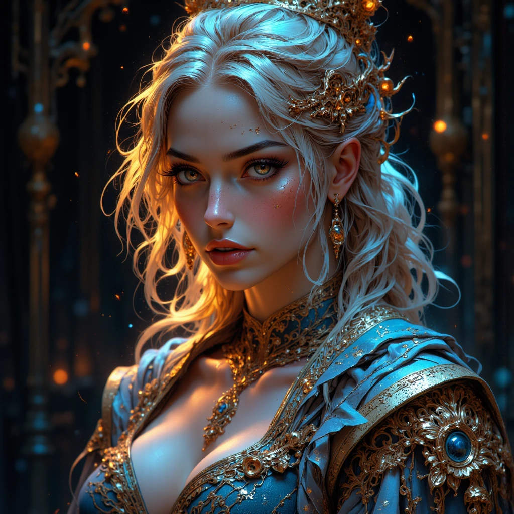 (((medium full shot))), (Masterpiece, photorealistic, photorealism, best quality, ultra-detailed:1.3), (nice hands, perfect hands), official art, cinematic light, (1girl:1.3), adult, solo, very long hair, white hair, red eyes, light skin, eyes glowing, gothic armor, jewelry, earrings, hair decoration, eye makeup,
