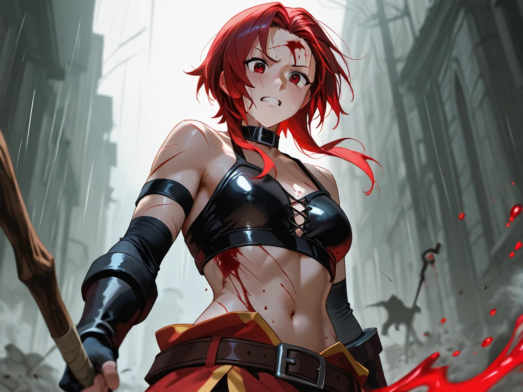 ((Simon Bisley)), Beautiful full-bodied woman, 30 years old, muscular and perfect body, barbarian warrior with little clothing, tiny thong, large breasts, generous neckline, holding a blood-stained sword, brave face, dark kingdom, sexy pose, walking inside a tavern full of mischievous men