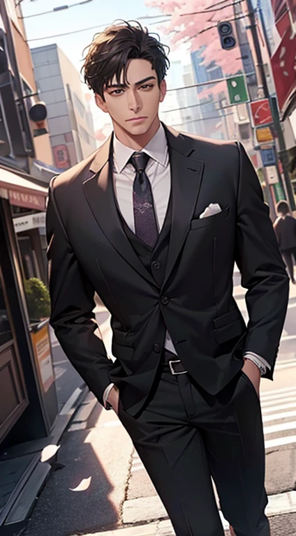 Realistic, (Best Quality, Maste Piece: 1.3), Men, (in suit) (walking down the street)