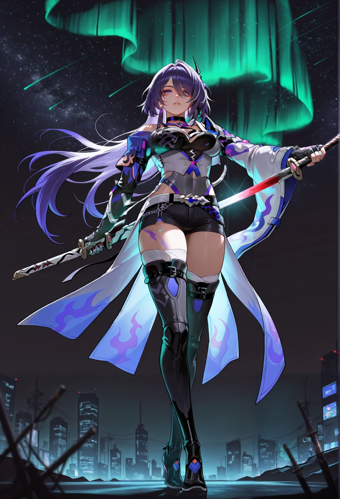 Acheron /(honkai star rail)/, acheron, masterpiece, best quality, amazing quality, very aesthetic, detailed eyes, perfect eyes, realistic eyes, depth of field,
facing viewer, full body, dramatic, (fighting stance:0.7), solo,1girl,
1girl, sword, unsheathing, katana,
cyberpunk city, night, starry sky, aurora,
cinematic, epic, bloom,
volumetric lighting, (dark background:1.4), vibrant colours, high contrast,
gbf_style