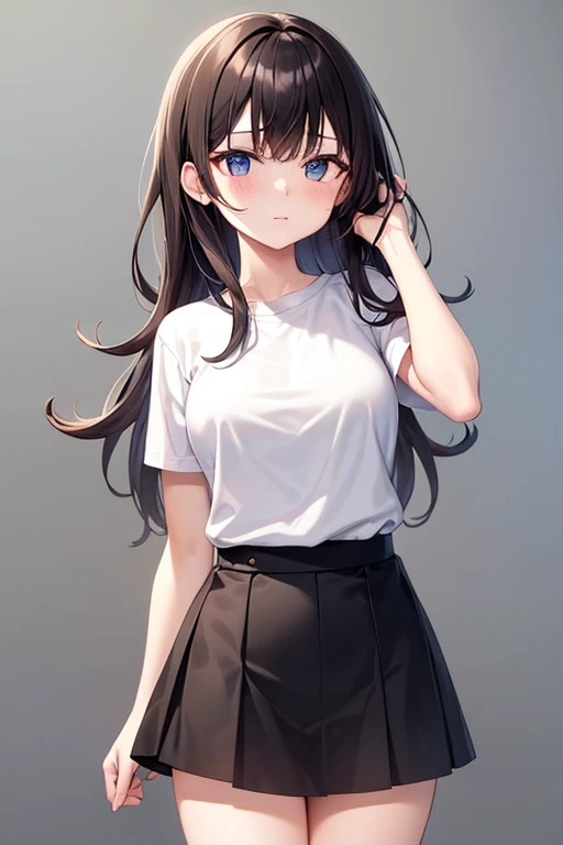 1girl, medium length dark hair, blue eyes, wearing plain white shirt, black shorts, garden, high res, ultrasharp, 8K, masterpiece, looking at viewer