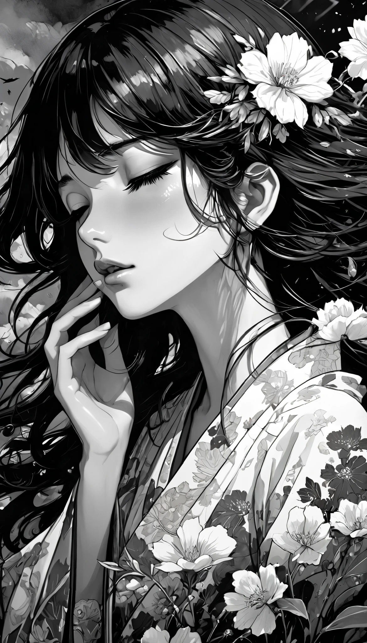 masterpiece, illustration, Japanese Anime, 1 Girl, Sexy , Floral, cloud, bird, flow, Hair covering eyes, Hair on one eye, ((( super detailed ))), Soft , Kawaii, , Sexy , Black and white image, Between the Shadows, painting, Light and Dark Contrast, Emotional, dramatic lighting , Gloomy Atmosphere , photo actual , Intricate details, masterpiece, Super Fine, high quality , 8K, best quality, actual , Movie, Gloomy and Deep , Expressionism , Powerful composition, Emotional Impact , Art Inspired by Bill Sienkiewicz and Dave McKean