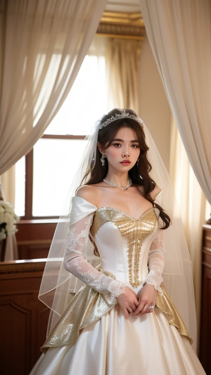 (​masterpiece, best quality:1.5), highest quality, High resolution, super detailed, Realists, Upper body photo of a brunette young magical girl, detailed and beautiful eyes, beautiful detailed lips, very detailed eyes and face, longeyelashes, white satin wedding dress, Holding a magic wand in your hand, Cast a transformation spell, With her magic wand she turns stones into a flower vase, Glowing wands available,Beautiful and colorful makeup, elegant and noble々The jewelry bag, Gardens as background, soft daylight, bright colors, fine brushstrokes, Portrait style, Silk dress fabric, beautiful color palette, glowing skin, First-class rendering, that captures every detail, enchanting atmosphere, subtle shadows and lights, (perfect anatomy:1.2), (The stunning magical girl in a wedding dress turns stones into flower vases. (a transformation with the magic wand:1.4), (magnificent panorama view:1.2)