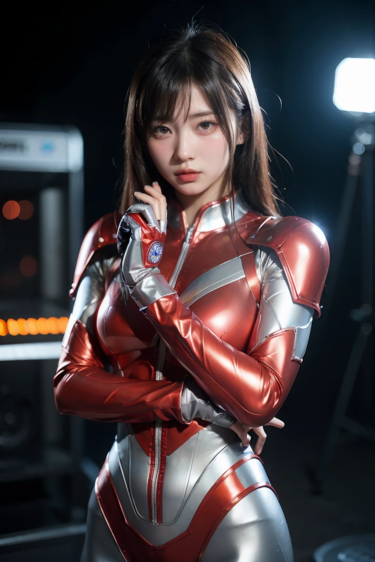 (Fighting mechanical robot soldiers),Full body,Best quality,Masterpiece,Super A high resolution,(Futuristic female warrior),(Collar),(Photorealistic:1.4),RAW photo,1 girl,Golden hair,Shining skin,((Beautiful girl)),((Ultra-realistic details)),Portrait,(Small LED lamp),(With cutting edge weapon),Global illumination,Shadow,Octane rendering,8k,Armpit,Ultra sharp,Giant ,Small LED lamp,Cleavage exposed bare skin,Red bodysuit,Armpit,Cyberpunk city background,Intricate decorative details,Japanese details,Very intricate details,Realistic light,CGSoation trend,Blue eyes,Shining eyes,Facing camera,Neon details,(Hands behind back),Large breasts,Nipples,Collar,Hands tied behind back(Red metallic bodysuit),,