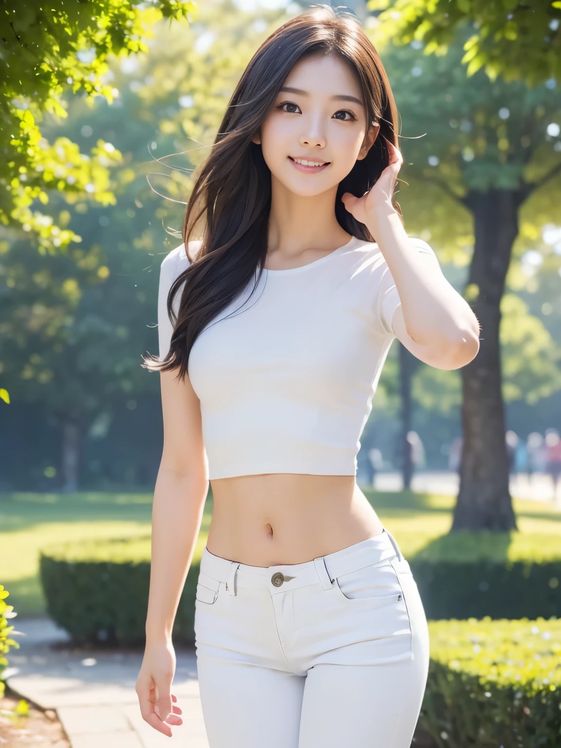 （（Melhor Qality，8k，obra-prima：1.3））， 1girle， sorrisos， corpo inteiro， Rostos finos， bela uma mulher， cabelos encorpados，Wear sexy clothes， Rosto super detalhado， Olhos detalhados， 二重まぶた， desfocar fundo， Rostos finos，preparando para o banho ，