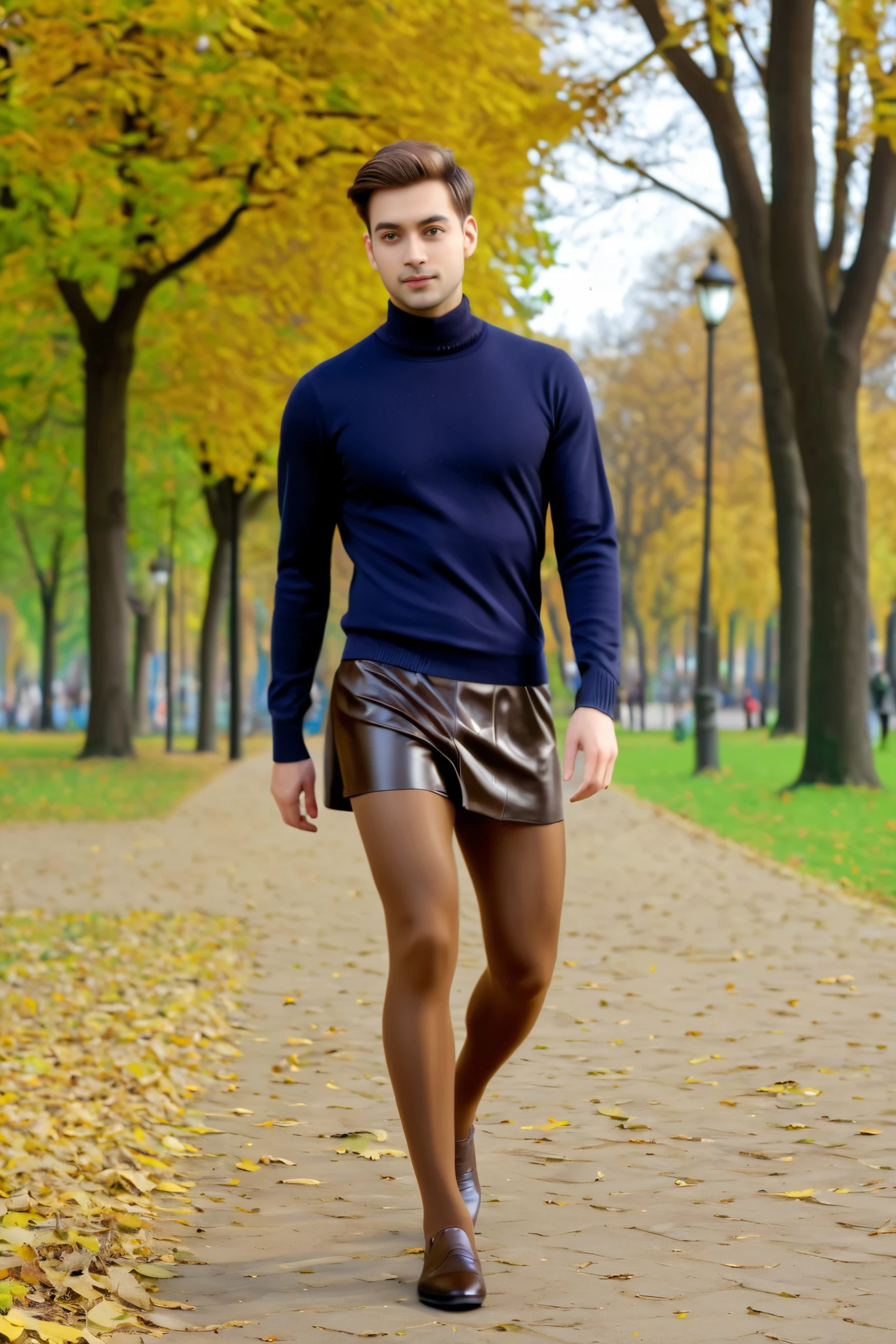 Cinema 4K, Hyper Realsitic, young male guy in medium brown shinny pantyhose and miniskirt walking in a park, pantyhose, realistic, male only, man only, tights,