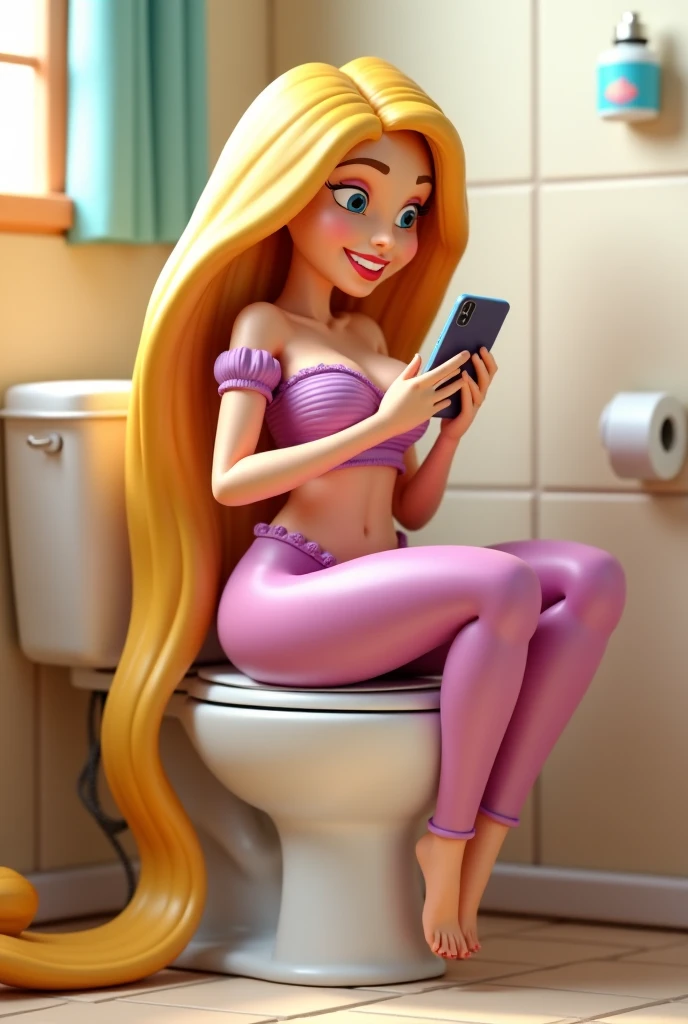Nude Rapuzel without clothes undressed with feet sitting on toilet
