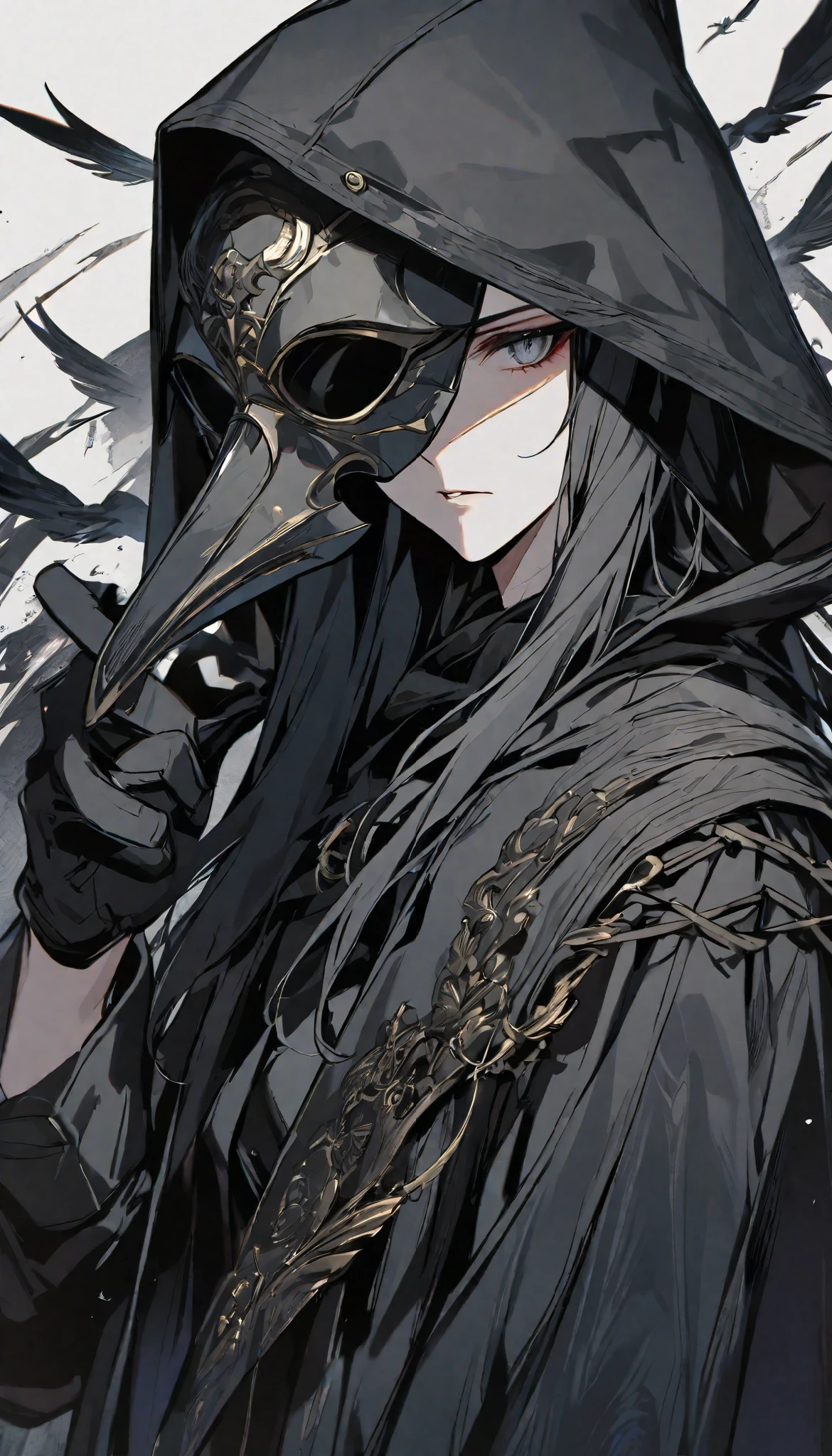 solo, handsome, 1 woman, long hair, black color hair, Gray eyes, black coat, black gloves, black plague Crow mask, Black hood, neutral expression