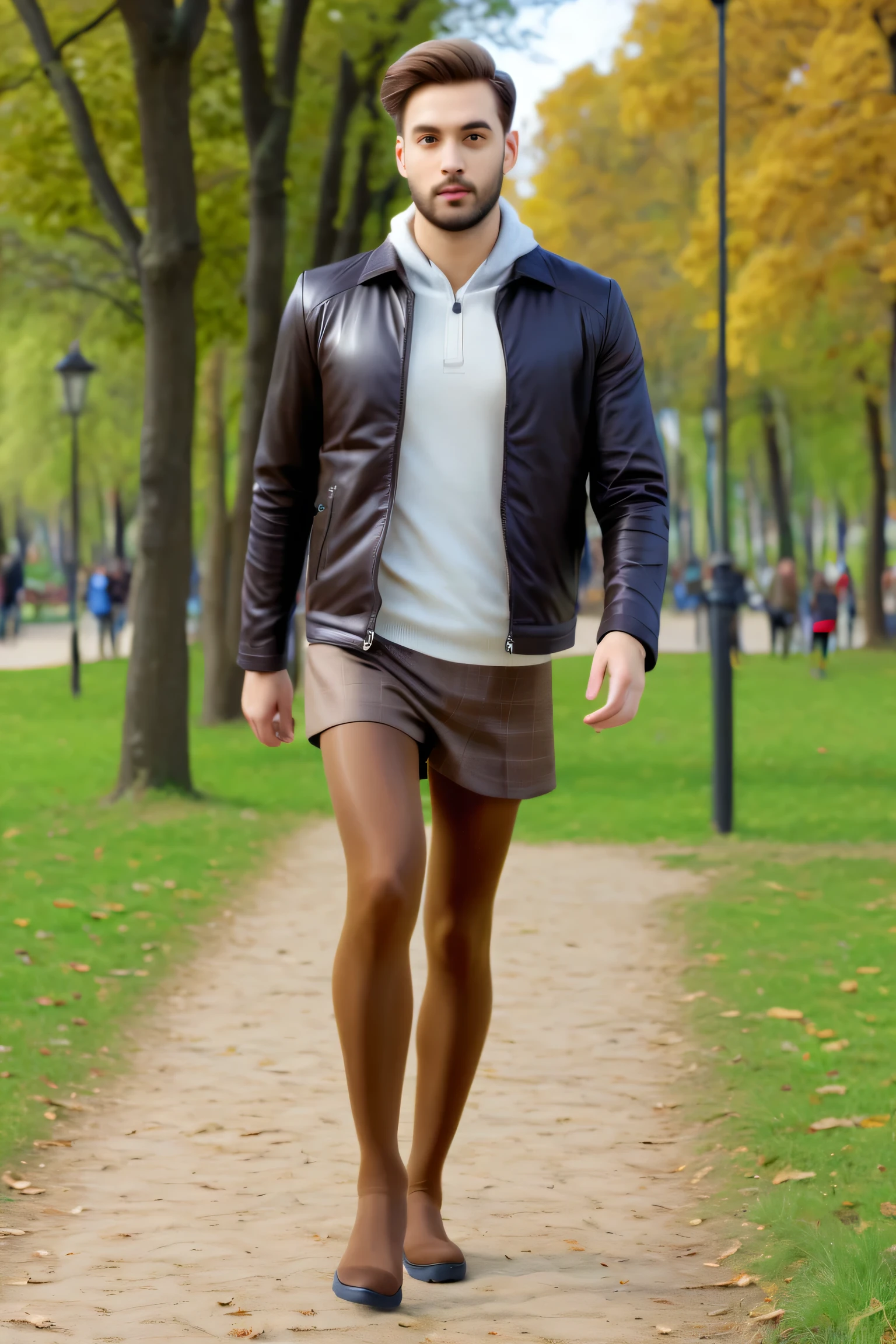 Cinema 4K, Hyper Realsitic, young male guy in medium brown shinny pantyhose and miniskirt walking in a park, pantyhose, realistic, male only, man only, tights,