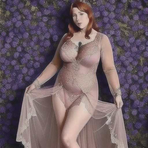 Sophia Lillis, plump body, long wavy hair, thick thighs, wide hips, cellulite, fatty, sheer dress, standing 