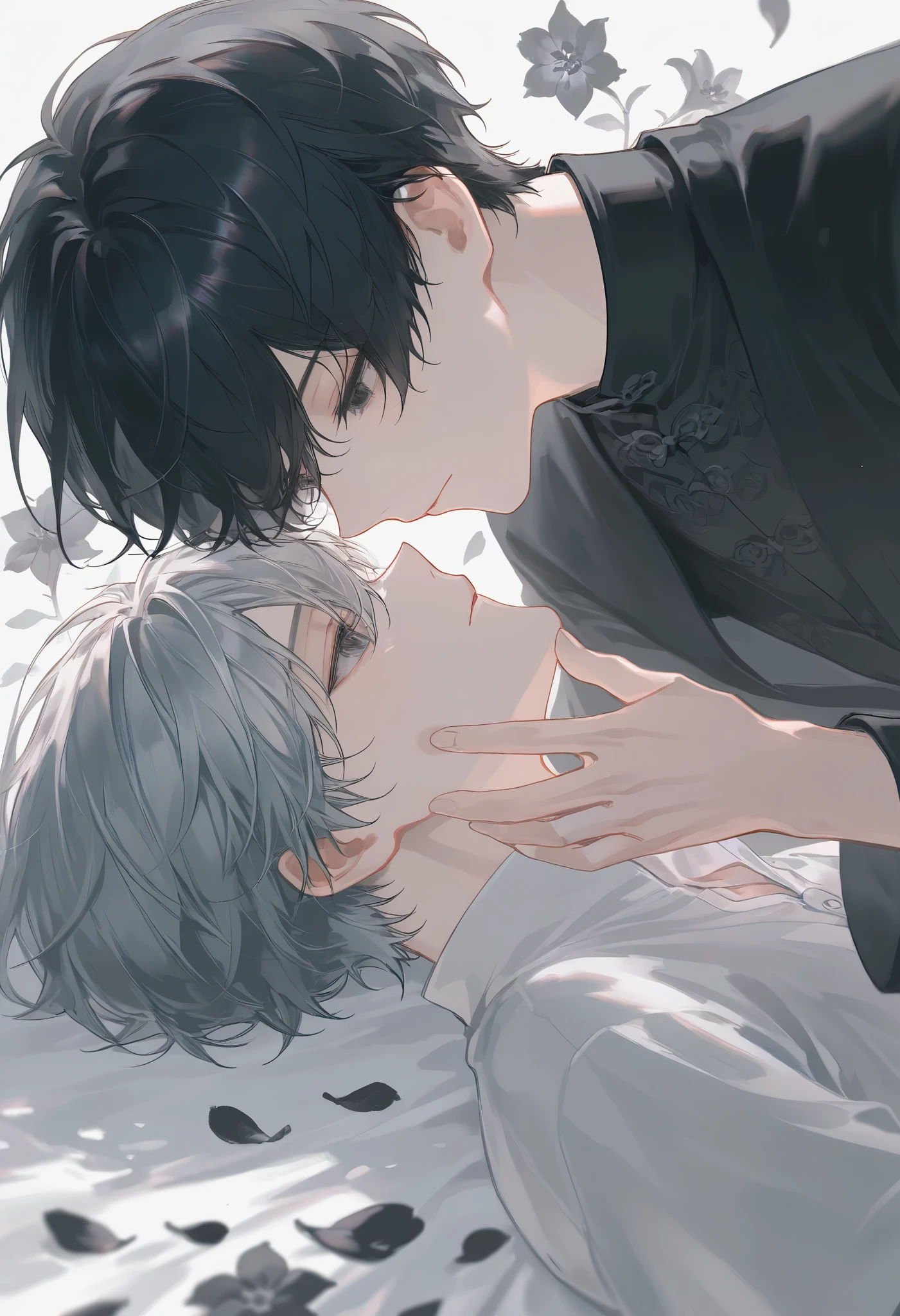 Two Men、(( black hair short hair 1 man:1.4)),(( gray hair short hair 1 man:1.4))、((black flower on background:1.4))、Leaf、 Petals Dance 、 white shirt