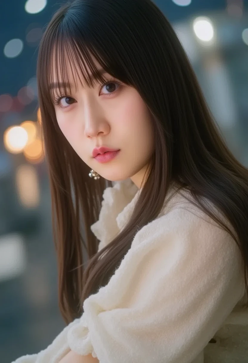 (((No blur、Focus on the eyes:1.1、Extremely detailed:1.22、Ultra-high resolution、masterpiece:1.45、Highest quality)))、顔のUltra-high resolutionクローズアップ、long, straight black hair、So that every single hair is clearly visible、The subtle color changes of hair depending on how the light hits it、 Skin has a natural glow、Fine skin texture、Representing the fine details of pores:1.25、Details of the light redness on the forehead and cheeks、(((Eyes with fine iris details、The eyes depict color gradations and patterns.、Long, natural-looking eyelashes, each and every one visible、Well-groomed eyebrows、眉毛のindivual々The hair is clearly visible、Light reflecting off into the eye、The light in the eyes creates small highlights)))、The nose is delicate、Fine detail on the nostrils、Lips are plump and naturally pink、Depicts the fine lines and soft curves of the lips、lips are shiny and、The gloss on your lips accentuates their shape.、(((Detailed depiction of lip texture、Particular attention to the depiction of light and shadow、Soft natural light gently illuminates the face from the front、A faint glow on the forehead、A slight shine on the nose、A slight glow on the cheeks、Shadows are cast softly along the contours of the face、Accentuate the sides of your cheekbones、Accentuate the sides of the jawline、Emphasize the sides of the nose、The gloss on her lips reflects the light faintly、Lips emphasize the plump texture、The shadow of the hair gives depth and dimension、indivual々The hair shines in the light、The background is simple and blurred.、Focus on the face 