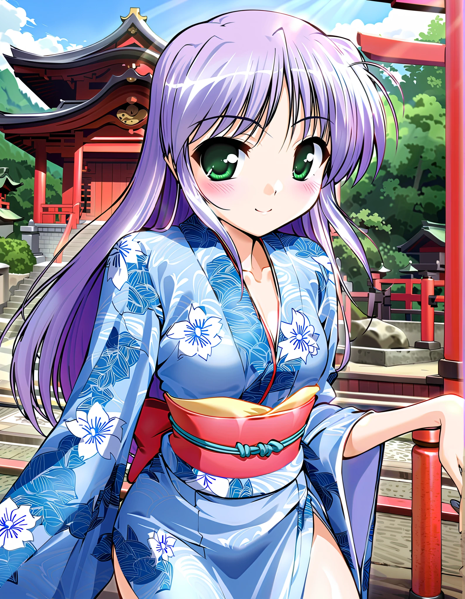 feena fam earthlight, Alone, (cowboy shot), green eyes, long hair, purple hair, small breasts, (Sexy kimono), ( sexy pose), (Red cheeks:1.2), (bright smile:1.1), (shrine), (morning), score_9, score_8_superior, score_7_superior, source_anime, (best quality:1.2), 細部までこだわったanime, high quality , full color, 8k, high resolution