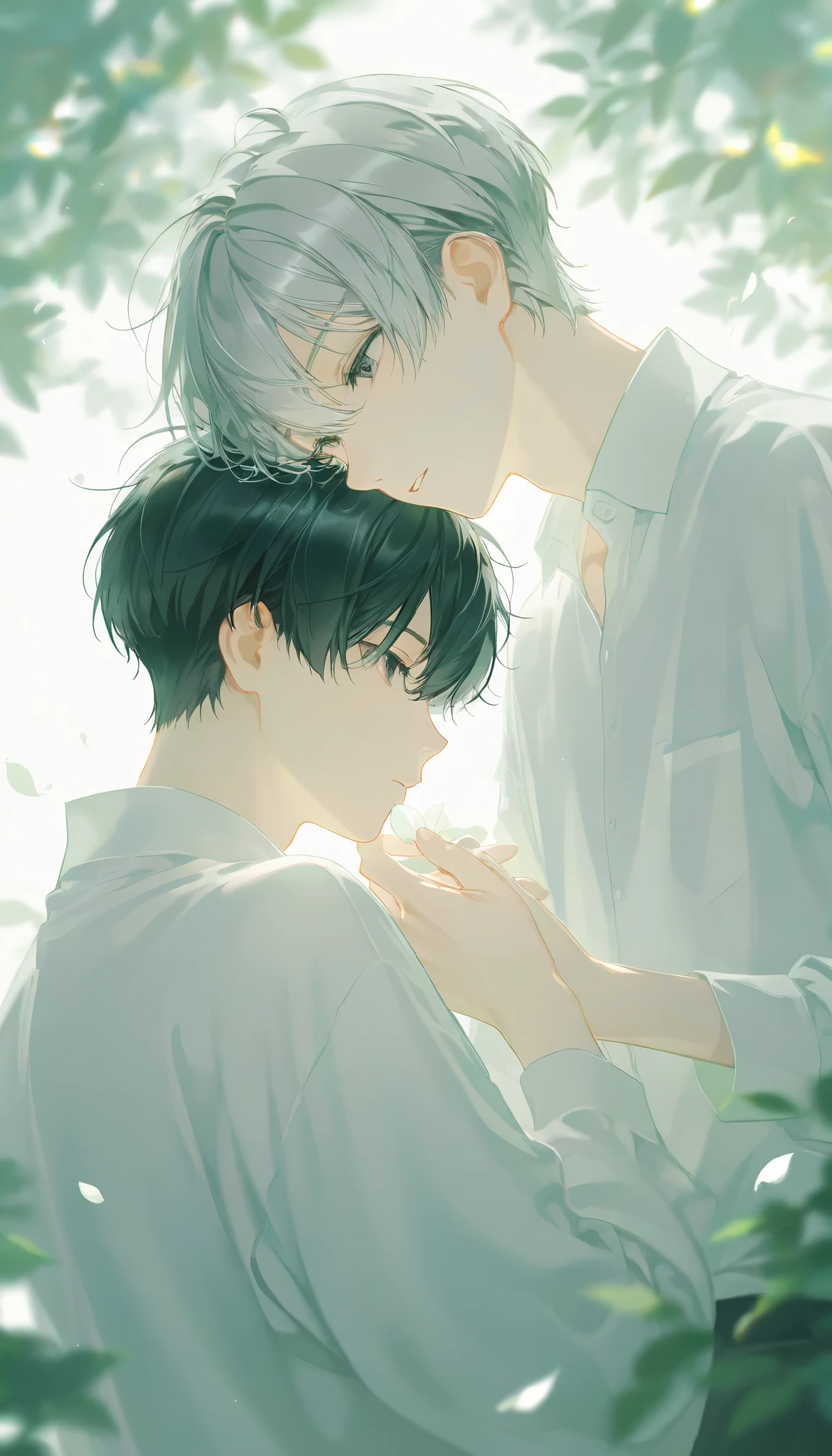 Two Men、(( black hair short hair 1 man:1.4)),(( gray hair short hair 1 man:1.4))、((garden:1.4))、Leaf、 Petals Dance 、 white shirt