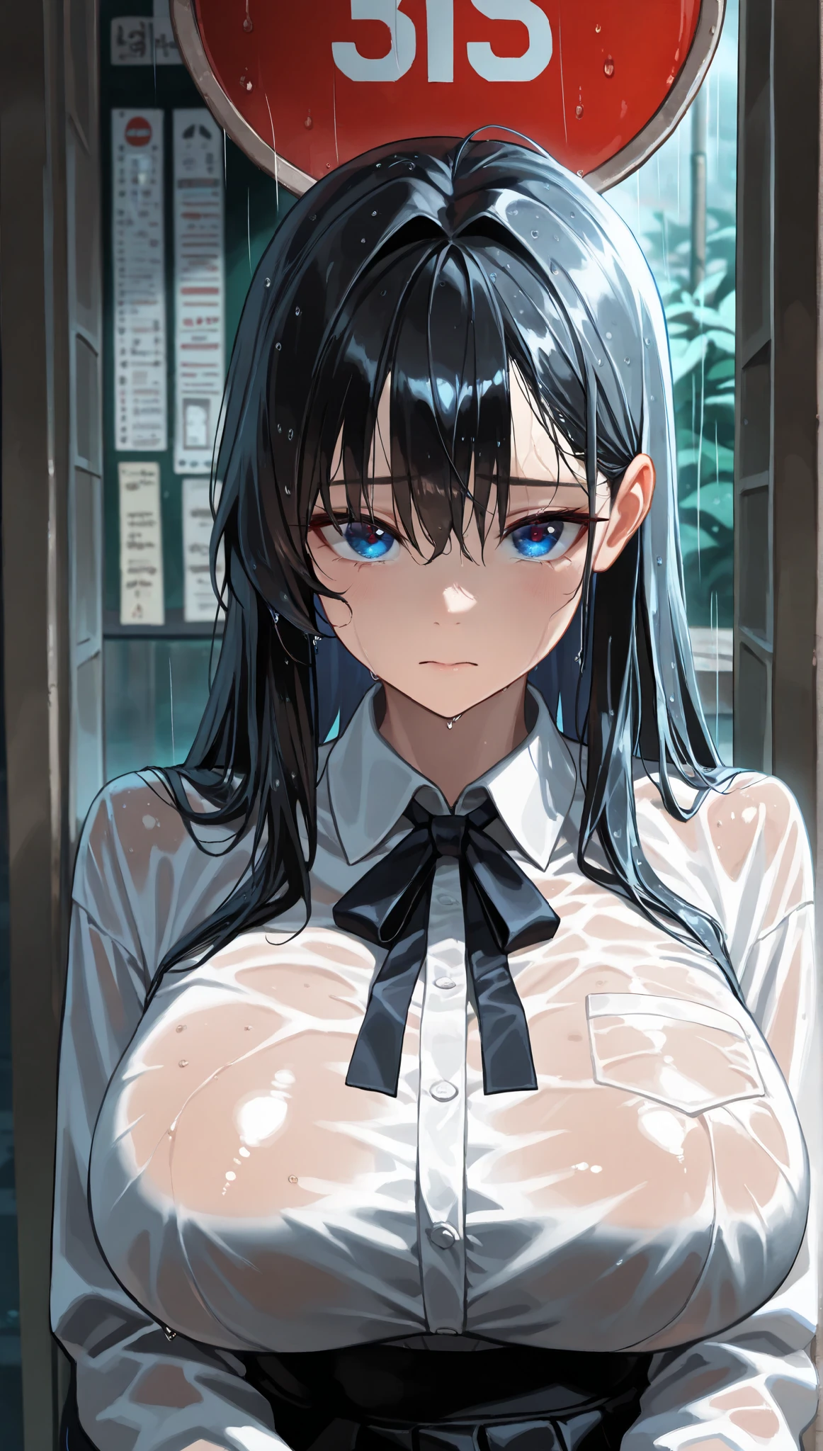 1 person、Mature、Small breasts、Long Hair、Black Hair、Blue Eyes、No clothes、Sweat、Upper body naked、nude、Nipples、Embarrassed、Blushing、Nipplesを摘まれる、Feels good、Embarrassing、