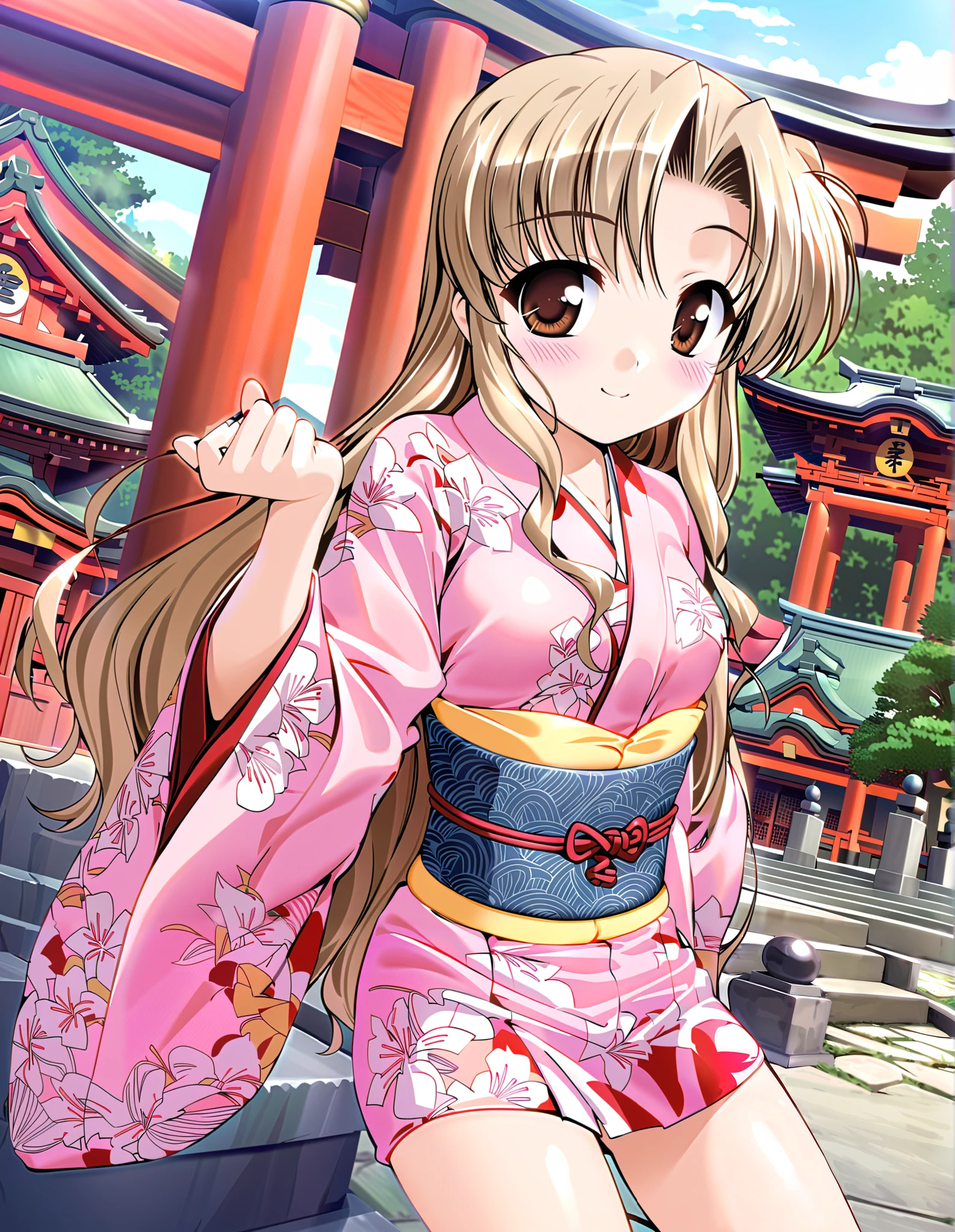 hozumi sayaka, (cowboy shot), long hair, brown hair, brown eyes, (wavy hair:0.7), blonde hair, small breasts, (Sexy kimono), ( sexy pose), (Red cheeks:1.2), (bright smile:1.1), (shrine), (morning), score_9, score_8_superior, score_7_superior, source_anime, (best quality:1.2), 細部までこだわったanime, high quality , full color, 8k, high resolution