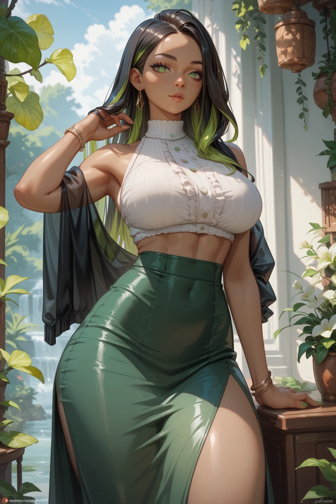 (no), underwear,1 girl, short dress, (see through),((gigantic bust)), bare shoulders, bare arms, ((thigh)), black leather strap, ((green hair, twin braids)), full body, high-heels, squatting, (Spread your legs), smile, (Cowboy Shot),(Masterpiece, High quality, best quality), (colorful),(Delicate eyes and face), Volumetric light, Ray tracing, Very detailed CG unity 8k wallpaper.,alone, ((Flying petals)), outdoor, (flower field), mountain, lagoon, grass, sunlight