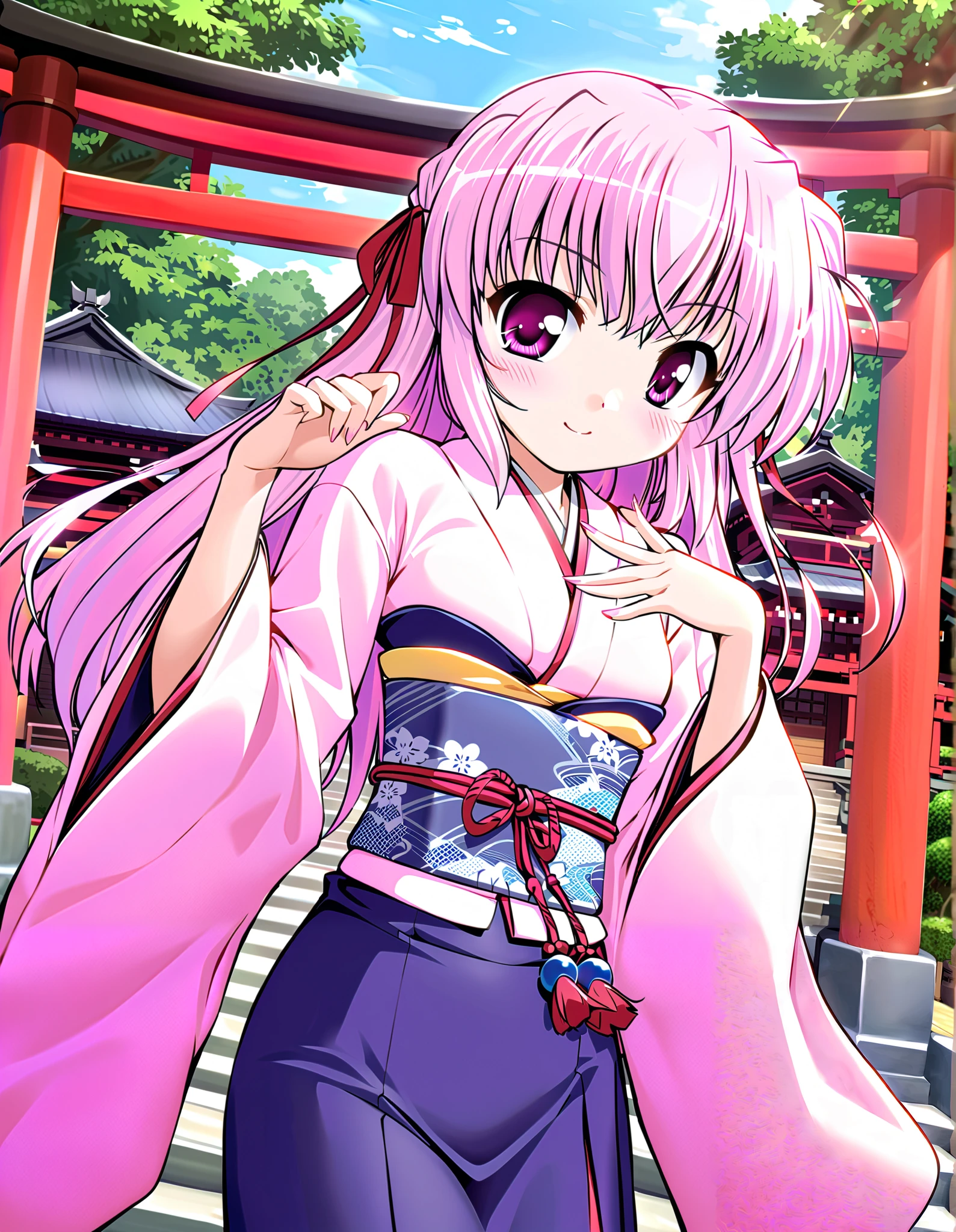 estel freesia, Alone, (cowboy shot), pink hair , hair bow, long hair, purple eyes, pink eyes, jewelry, small breasts, (Cute Japanese clothes), ( cute pose), (Red cheeks:1.2), (bright smile:1.1), (shrine), (morning), score_9, score_8_superior, score_7_superior, source_anime, (best quality:1.2), 細部までこだわったanime, high quality , full color, 8k, high resolution