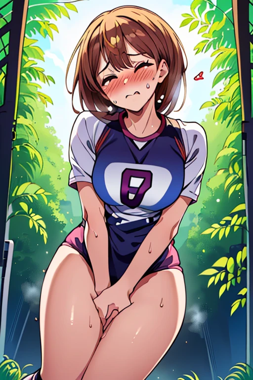 18 year old girl, large eyes, big eyelashes, thin eyebrows, half full cheeks, thick lips, curly brown hair, Brazilian long-sleeved football shirt with number 10, showing her huge ass, pink panties, long white socks, in pose on all fours