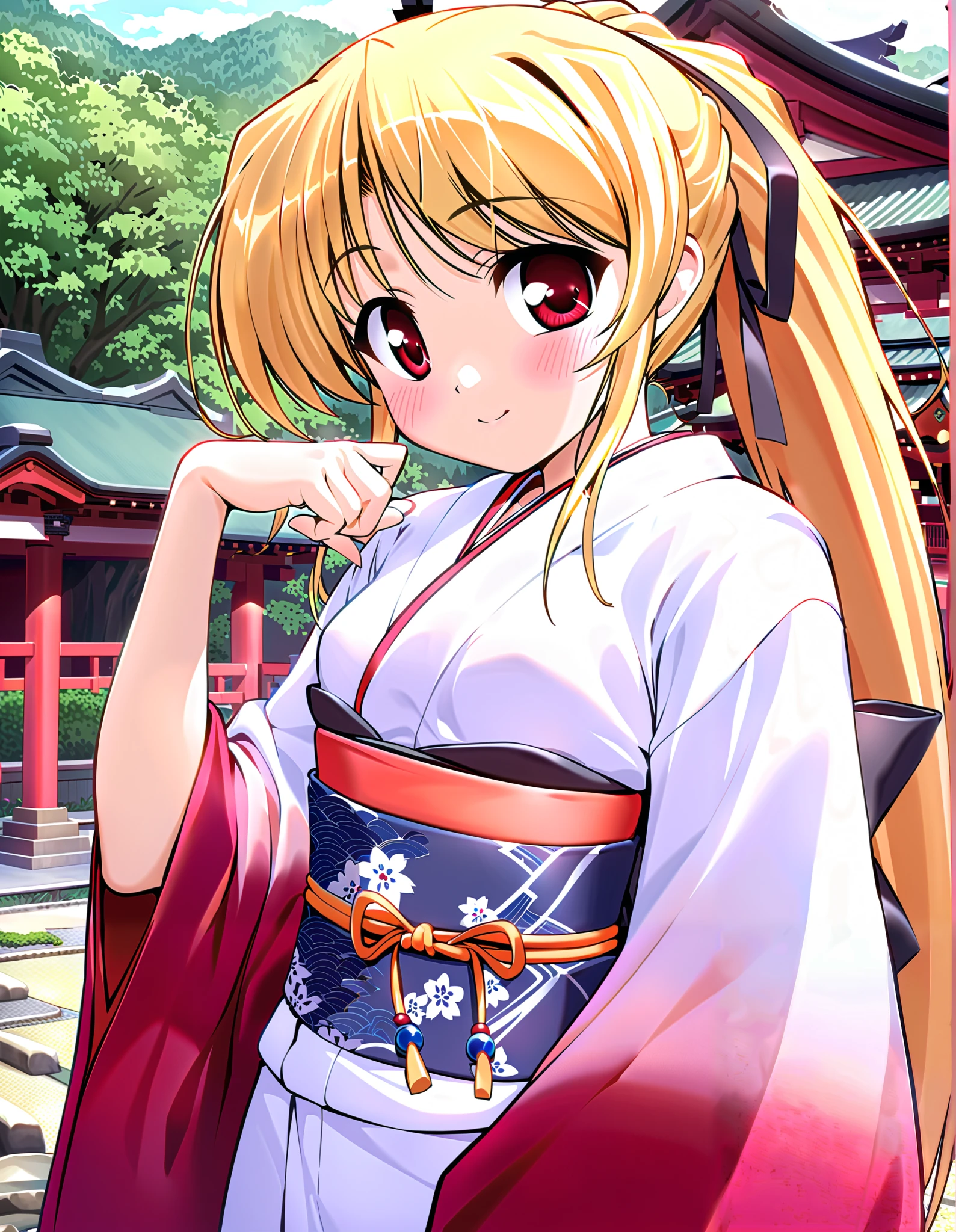 cynthia marguerite, Alone, (cowboy shot), blonde hair, red eyes, ponytail, long hair, hair ribbon, small breasts, (Cute Japanese clothes), ( cute pose), (Red cheeks:1.2), (bright smile:1.1), (shrine), (morning), score_9, score_8_superior, score_7_superior, source_anime, (best quality:1.2), 細部までこだわったanime, high quality , full color, 8k, high resolution