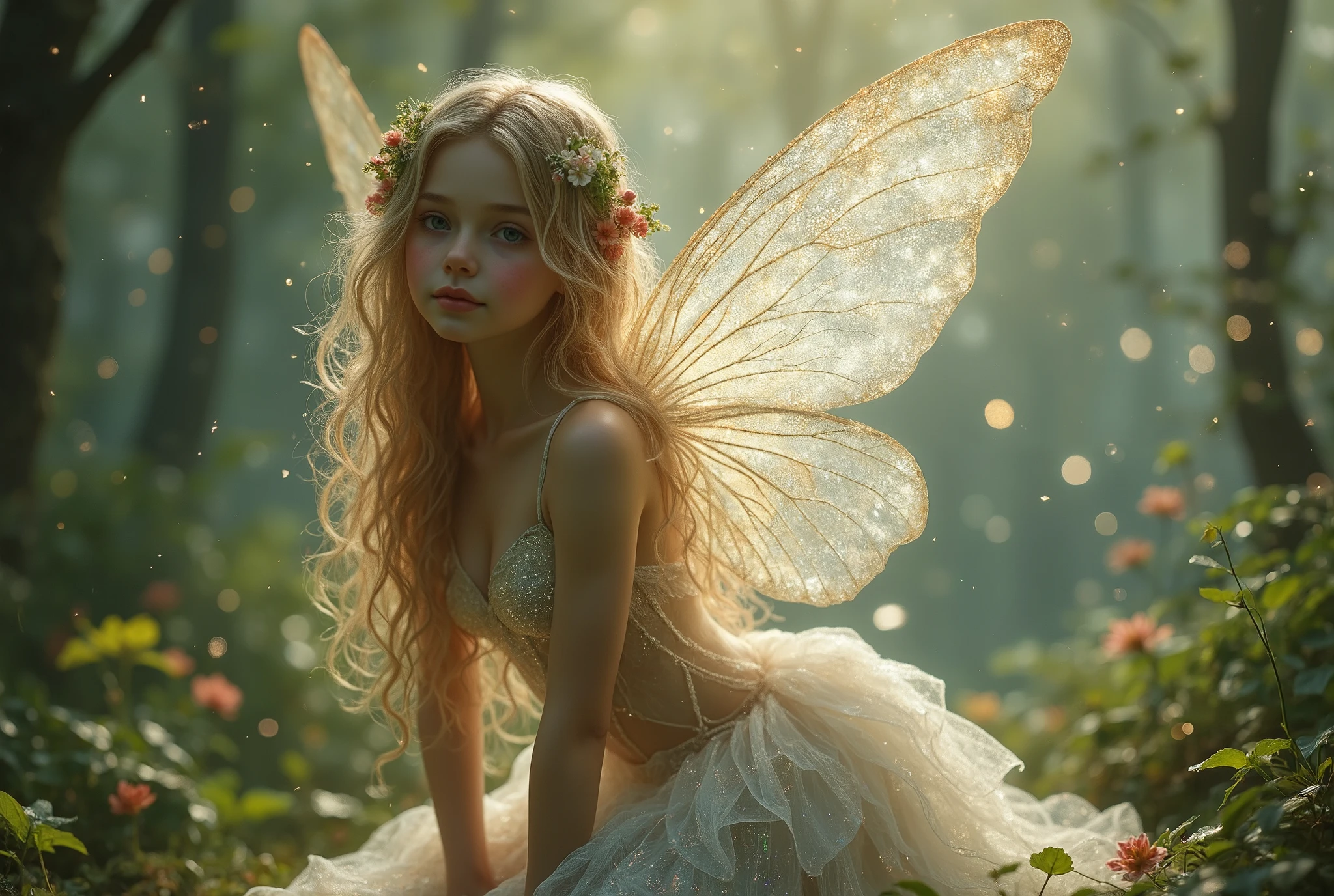 A detailed fairy girl with delicate wings , transparent wings that rest gracefully on the ground . She has been around for a long time , wavy hair , and its ethereal beauty is enhanced by soft , bright light. The background presents a magical forest with twinkling lights and foliage.. The fairy wears a brilliant , white semitransparent dress that glitters, creating a mystical and enchanting atmosphere . The overall scene is serene and otherworldly , that capture the enchanting essence of a fairy in a magical forest , realistic, photorealistic, RAW photo,