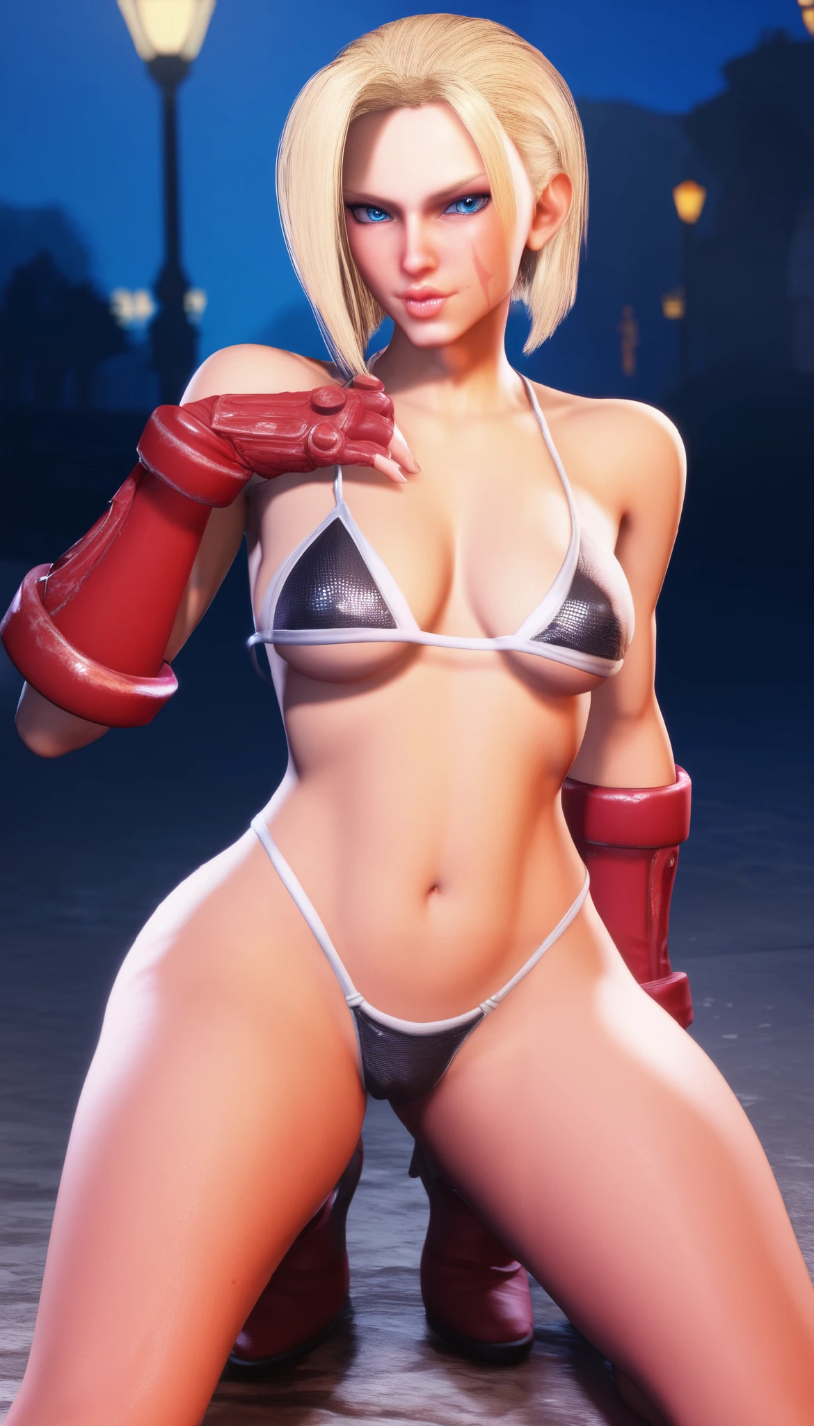 ((masterpiece)), ((high quality)), ((super detailed)), ((high resolution)) ,((8k)), a beautiful woman, ((She is one of the most famous female Gravure actress in the world.)), unparalleled beauty, ((huge breast:1.4)), ((large ass)), ((deep cleavage)), slim waist, chest out, ultra detailed face, perfect skin, (((Blonde ponytail hair))), blue eyes,  detailed eyes, whole body image, (((anime))), ((glamorous)), 21 years old, ((incredibly beautiful woman)), ((The I cup bust)),  ((((Black color sling bikini ring wear, Succubus-like costume)))),  ((beautiful breasts)), beautiful legs, 8 life size, anime, the most beautiful and strongest, ((charm)), ((Half Japanese and half British)), ((Grown-up face)), ((Open Finger Glove, Five fingers)),  (((Women's mixed martial arts,  A fighting arena))), ((Bewitching)), ((A young heroine of the women's professional wrestling world)), ((((from below)))),