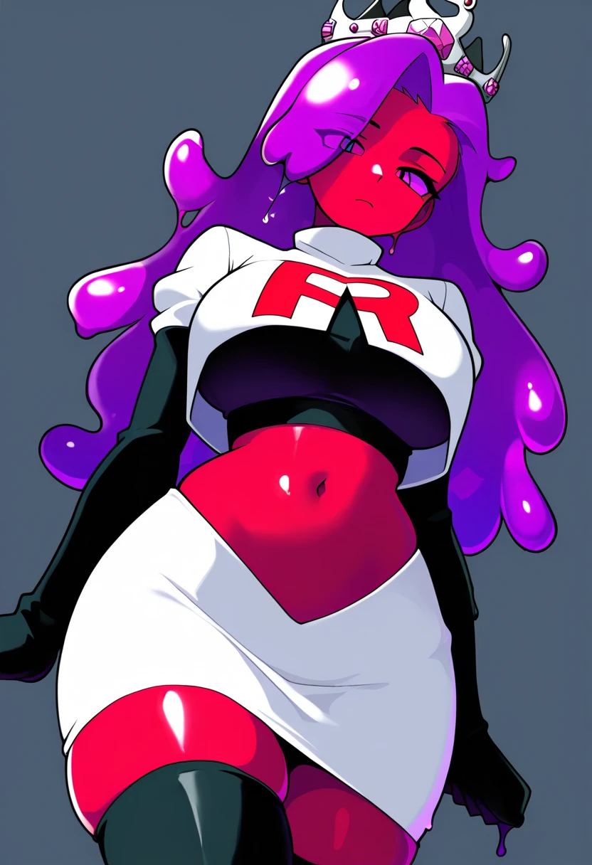 masterpiece, best quality, 1girl, solo, looking at viewer, queenslime, long hair, crown, colored skin, slime girl, large breasts, curvy, purple hair, team rocket,team rocket uniform,white skirt,red letter R,crop top,black thigh-highs,black elbow gloves, cowboy shot