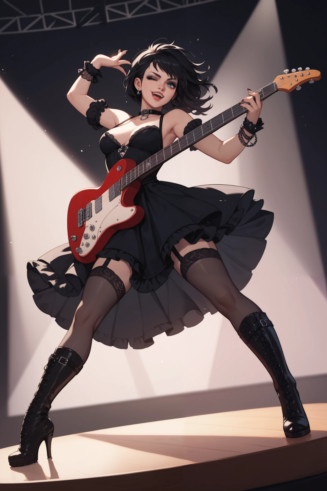 full body, walking pose, slow motion, emo girl swinging a guitar, heavy tattoo with gothic summer dress, black girl hair and green highlight, (detail fabric clothing), heavy metal guitar and stitched leather, chest tattoo, hair, short hair with bangs, detailed face, ((highly detailed skin, visible pores, short hair with jewelry with necklace detail)), body tone, small breasts, (incredibly detailed, flower: 1.5), (high quality, Alessandro Casagrande, Greg Rutkowski, Sally Mann, concept art, 4k),, (high sharpness), (detailed students:1.1), (painting:1.1), (digital painting:1.1), detailed face and eyes, Masterpiece, best quality, (gothic makeup, clear eyes and mischievous smile, sexy, skinny, thick bangs, beauty), (highly detailed photo: 1.1), 8k, photorealistic, automatic white balance, mastoid process, invisible hand, HDR, ((detailed background, large concert stage, mucis festival live performance, rock band)), by jeremy mann, by sandra chevrier, by maciej kuciara, sharp, (perfect body: 1.1), realistic, real shadow, 3d, (by Michelangelo)