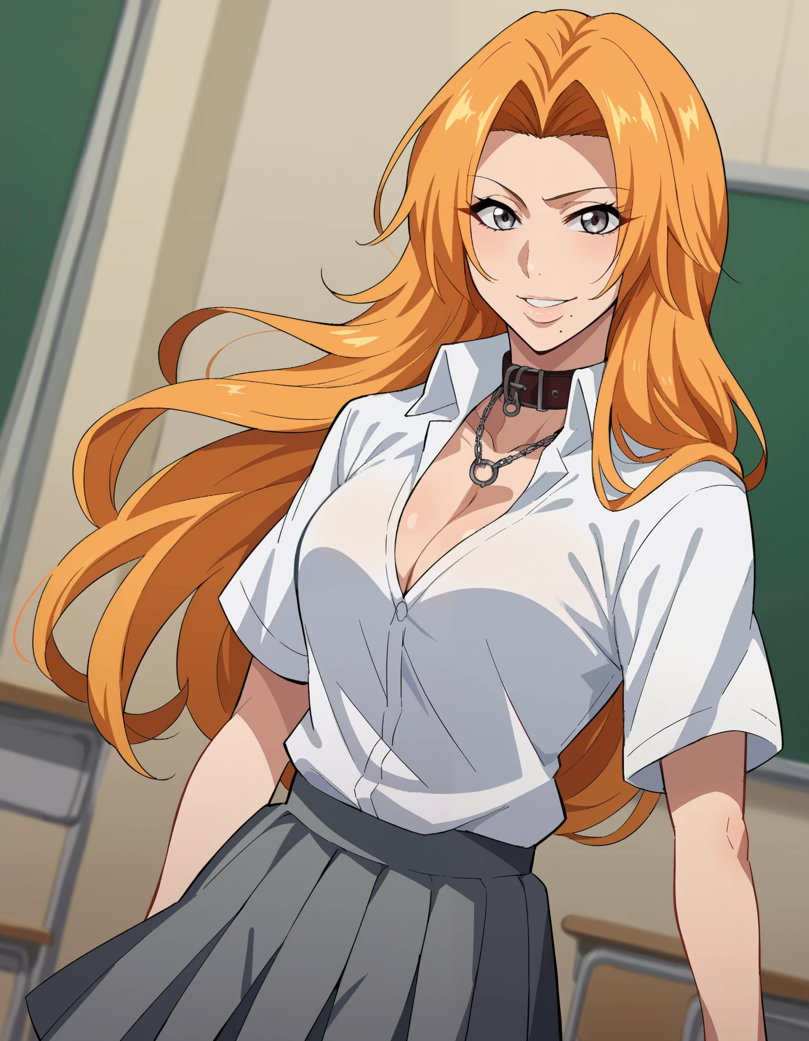 score_9, score_8_up, score_7_up, source_anime,
rangikumatsumoto, rangiku matsumoto, long hair, grey eyes, orange hair, mole, mole under mouth, parted bangs,
skirt, shirt, cleavage, jewelry, school uniform, pleated skirt, necklace, chain, collar, short sleeves, grey skirt, white shirt,
indoors, classroom, smile,
looking at viewer, cowboy shot, dutch angle,