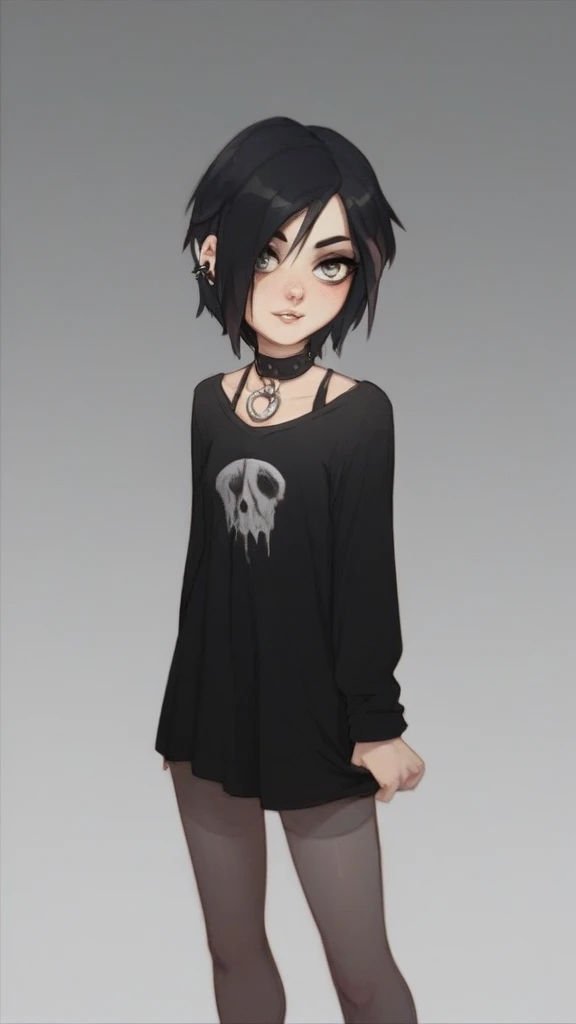 goth girl, goth make up, bob hair cut, skinny, black shirt, bare shoulders, striped sleeves