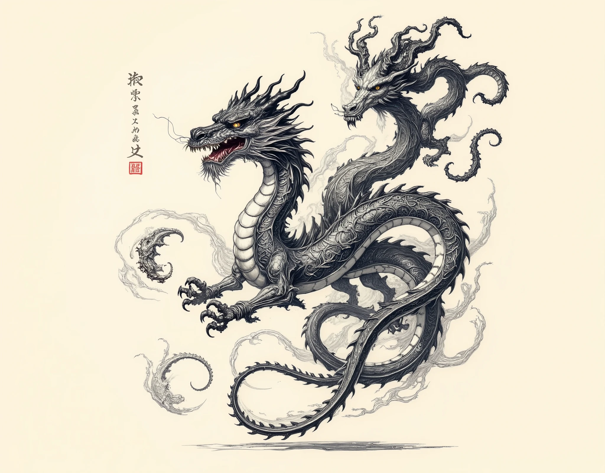intricate dragon, serpent and monster design, drawing, 2d, flat, abstract, chinese