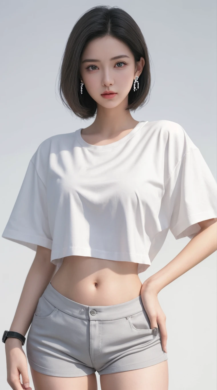 Beautiful girl with realistic black eyes, pale skin, medium length black hair, perfect face, perfect eyes, (Short black hot pants), (((Tight white t-shirt))), very detailed, comprehensive movie, digital painting, 8K, cinematic lighting, highest quality, High resolution, well done!, Post-processing, perfect result, surreal,(((revealing clothes))),big breasts,(rain), wet,(NSFW:0.8)