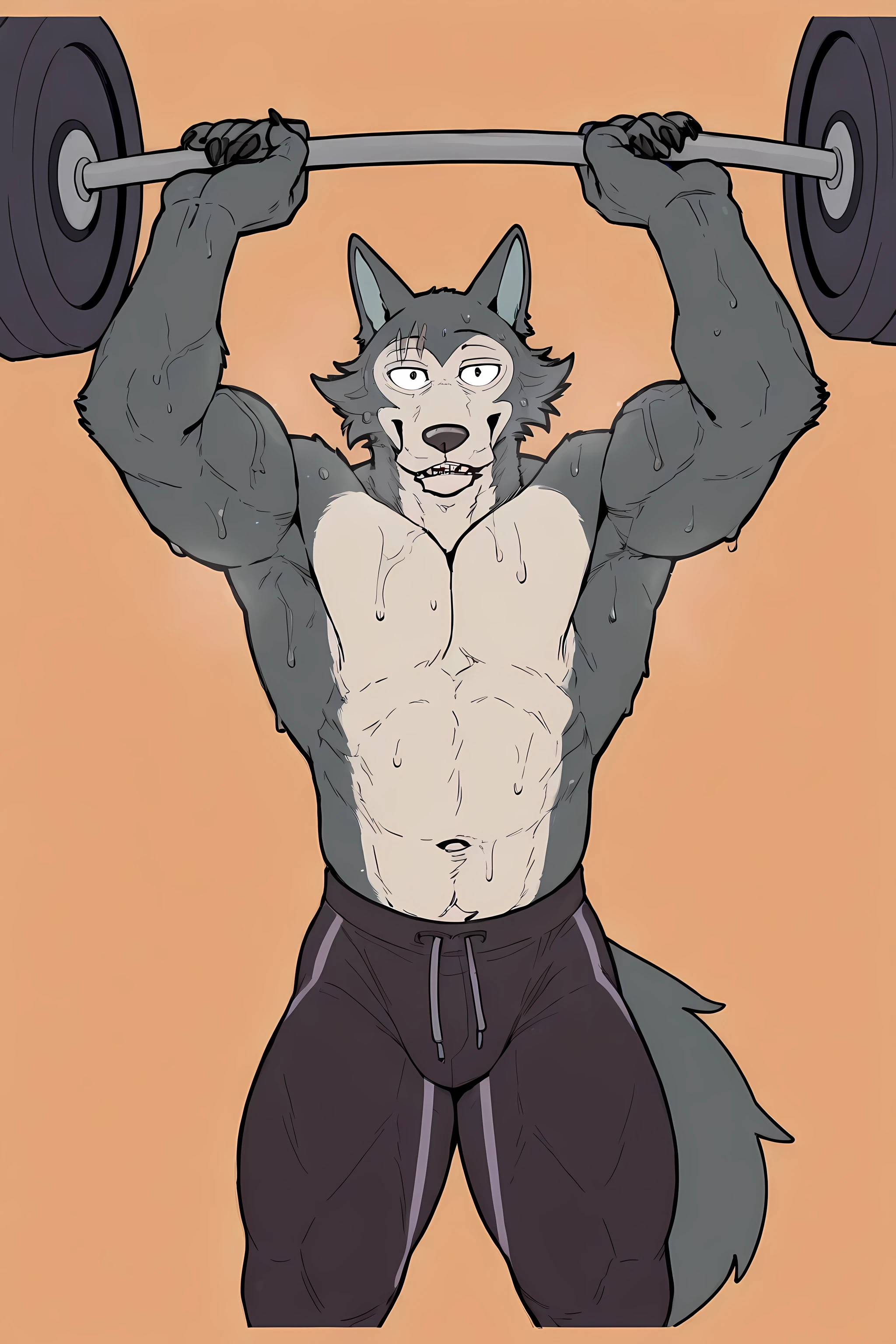 l3gosh1, beastars, male, solo, wolf, muscular, athletic, masculine, looking at viewer, half body, (small eyes), flat color, workout_pants, happy, lifting weights, gym background, sweaty body, veiny arms, bulging muscles