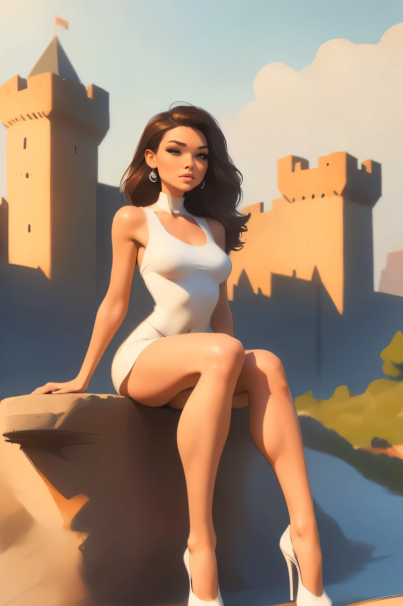 A woman, ((((sitting)))):1.7 ((((black & White colored picture)))):1.9,((dressed in a sexy white mini micro dress)):1.4, brown long hair, (((Full body drawing))):1.5, curvy, ((long legs)),(((long body))):1.6,((perfekt eyes))):1.5,((softly rounded)):1.6, (small breast):1.9, (((wide hips))):1.7, ((Chubby hips)):1.7, (small waist):1.7,(small torso):1.8, (((rounded legs))):1.7, ((a castle in the Background)):1.7, ((in broad daylight)):1.8,