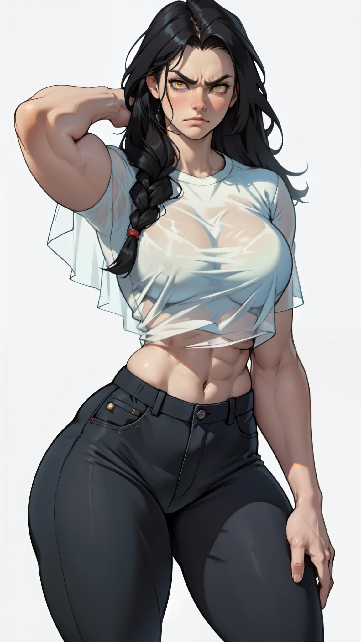 sweaty sad girl muscular girl thick girl pale skin girl black hair girl yellow eyes girl midriff navel abs massive breasts girl long hair hair between eyes leggings tight shirt (thick thick)