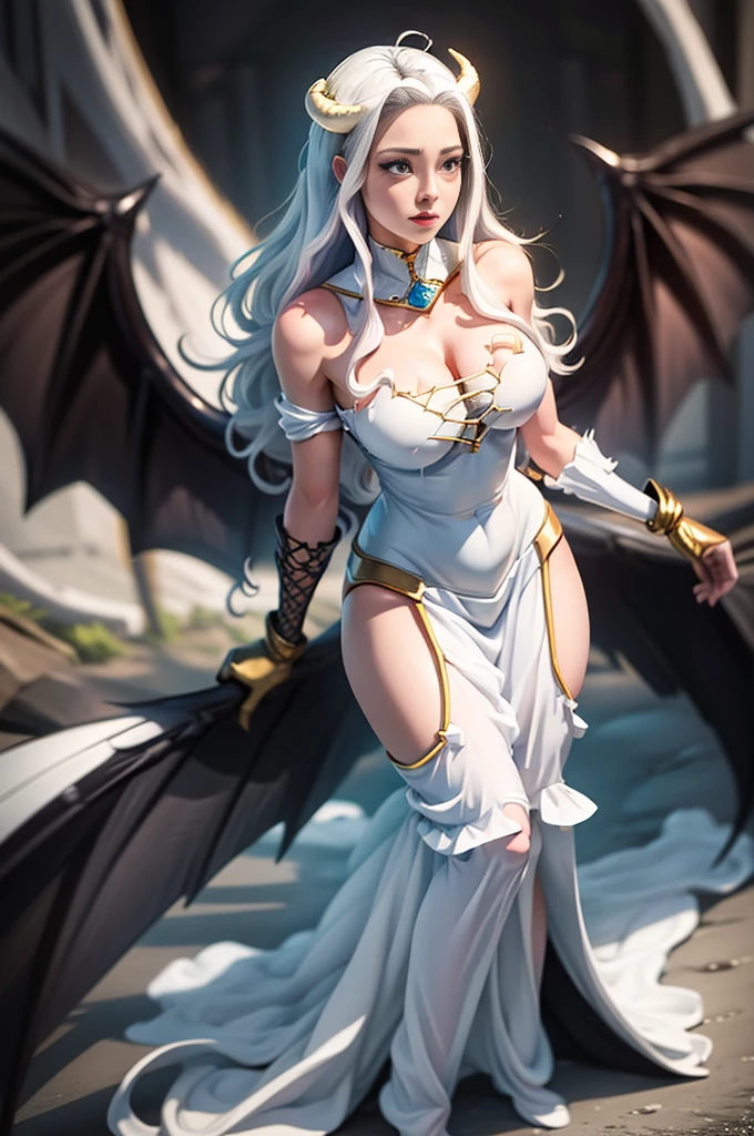 Very delicate and beautiful CG illustrations, best quality, high resolution, Dynamic angle, Full length shot, (1 girl), A beautiful half-human, half-dragon girl with yellow eyes and long, straight white hair.., float, soft light, High-key backlighting) Posing, looking back with a smile, detailed face, detailed eyes, detailed skin, elf