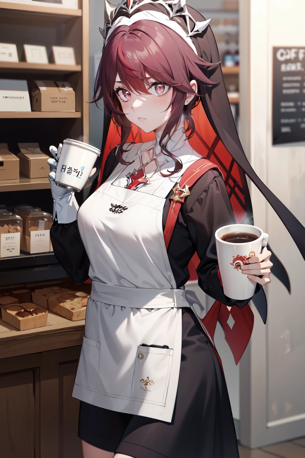 rosary ( genshin impact), 1girl, undress, Hair, combed back , fishing nets, holding a cup , рыжие Hair, фиолетовые Hair, colorful clothes, gloves, white pupils, a nun, breast, bright students, purple eyes, короткие Hair, coffee shop background , white barista apron, a , is behind the checkout, dessert display, holding a cup of coffee, an indifferent look , adult, frown
