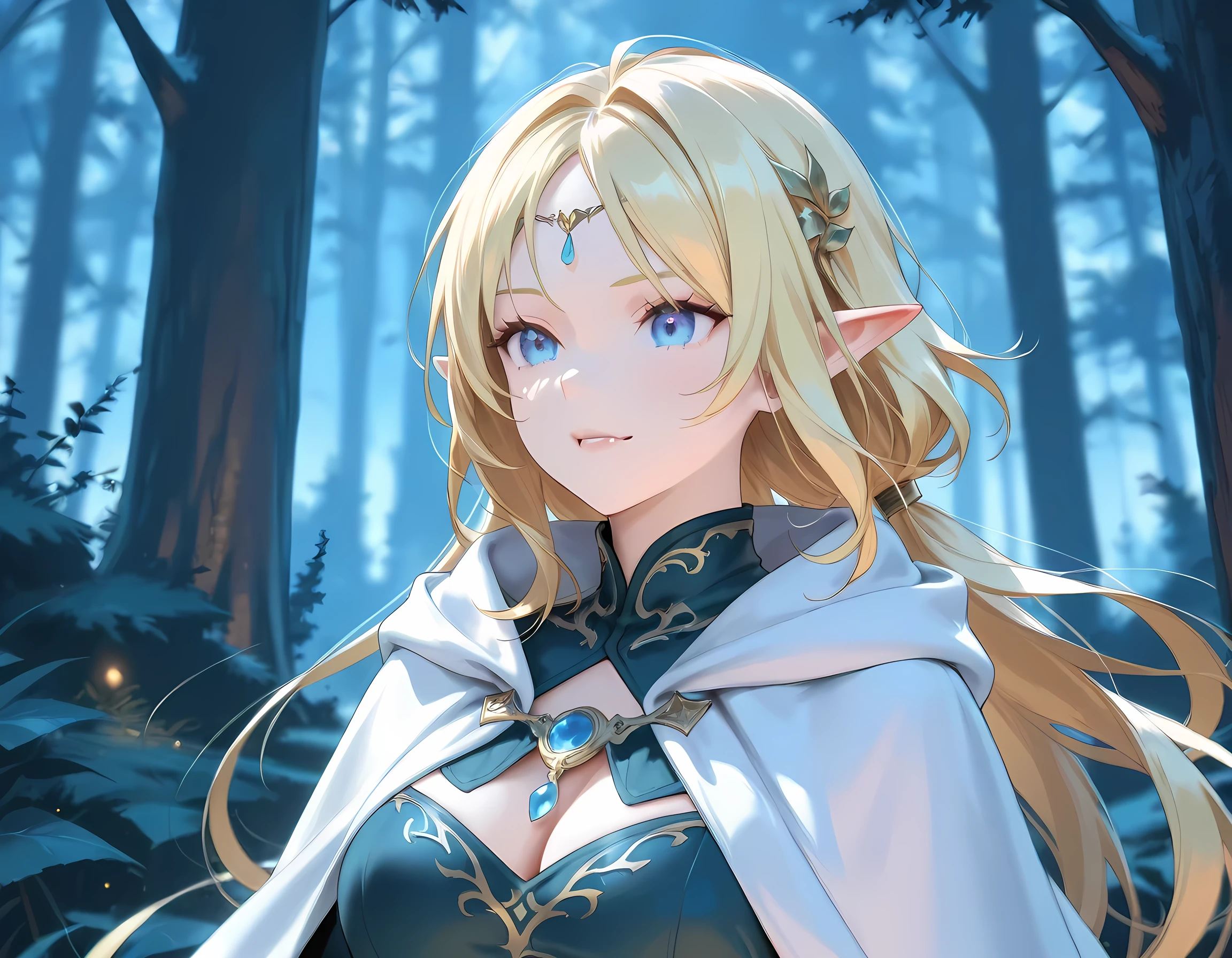 a portrait of a female elf vampire traveling on the forest road, an exquisite beautiful female elf (ultra details, Masterpiece, best quality), blond hair, small pointed ears,  pale skin, hair in a ponytail, long hair, blue eyes, smirking, wearing dark black silk dress, intricate dress, dress (ultra details, Masterpiece, best quality), white cloak, in dark fantasy forest at night, dark trees, the moon is high in the sky, best anatomy, high details, best quality, 16k, [ultra detailed], masterpiece, best quality, (extremely detailed), close up, ultra wide shot, photorealistic, RAW, fantasy art, dnd art, fantasy art, realistic art,((best quality)), ((masterpiece)), (detailed), perfect face, RAW, dark fantasy art, anime, NRART, fangs style