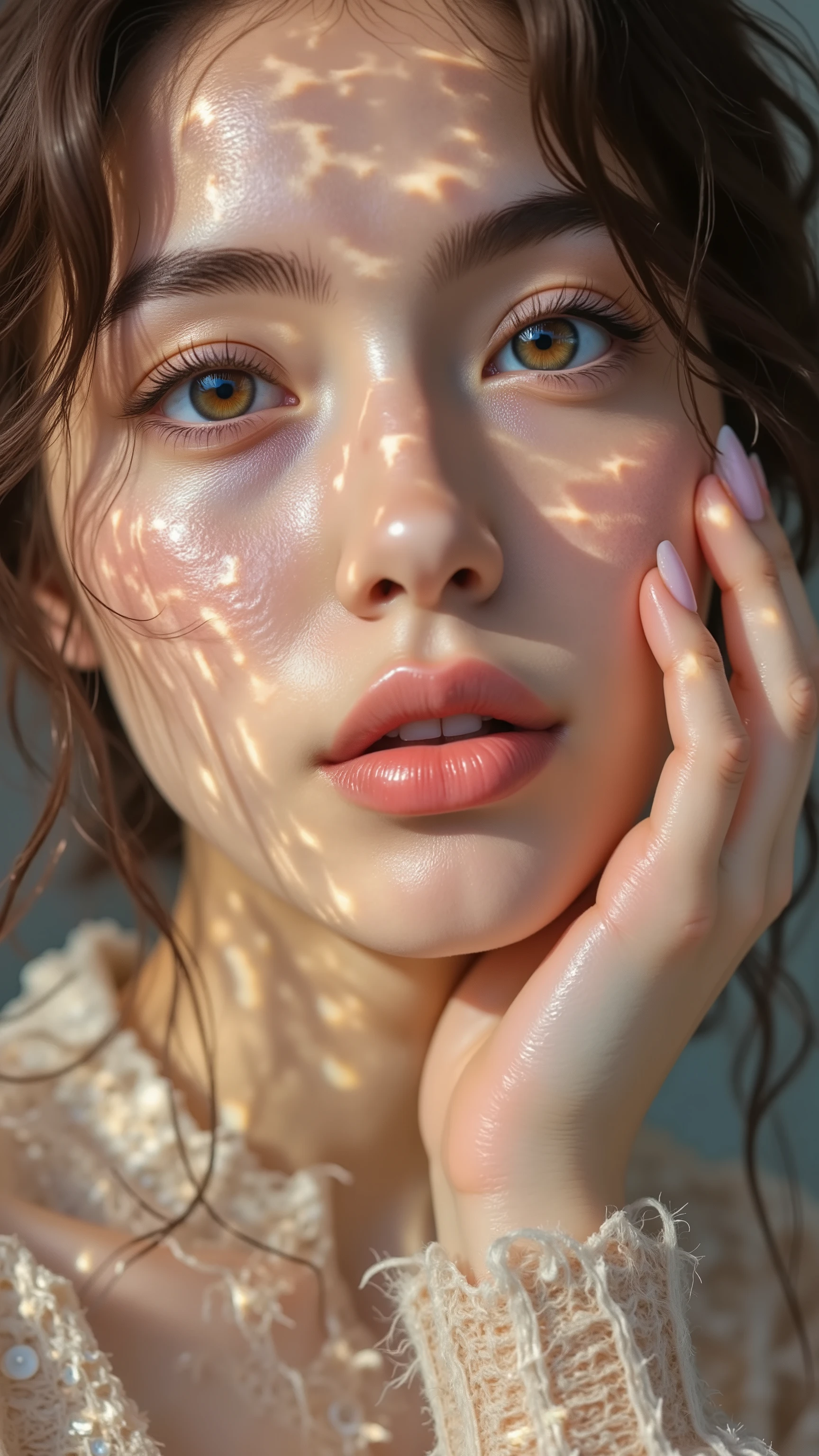 8k, Masterpiece, Top Quality, Hyperrealism, Post-Impressionism, Close-up, selfie, first-person, POV, long dark hair, smooth skin, light makeup, pale pink flower, beige sweater, pale pink nails, blurred background, soft lighting, natural, serene, soft focus.