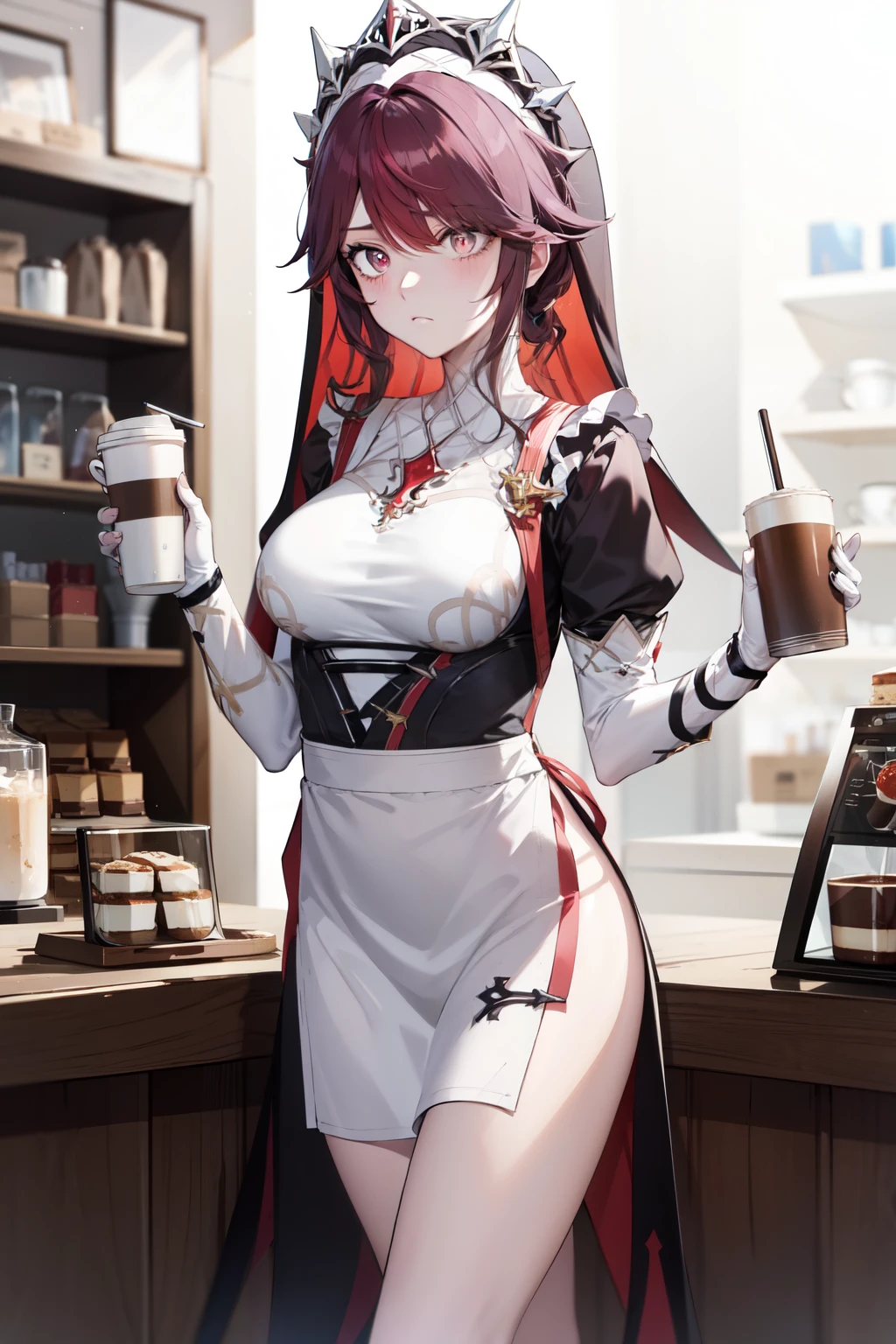 rosary ( genshin impact), 1girl, undress, Hair, combed back , fishing nets, holding a cup , рыжие Hair, фиолетовые Hair, colorful clothes, gloves, white pupils, a nun, breast, bright students, purple eyes, короткие Hair, coffee shop background , white barista apron, a , is behind the checkout, dessert display, holding a cup of coffee, an indifferent look , adult, frown
