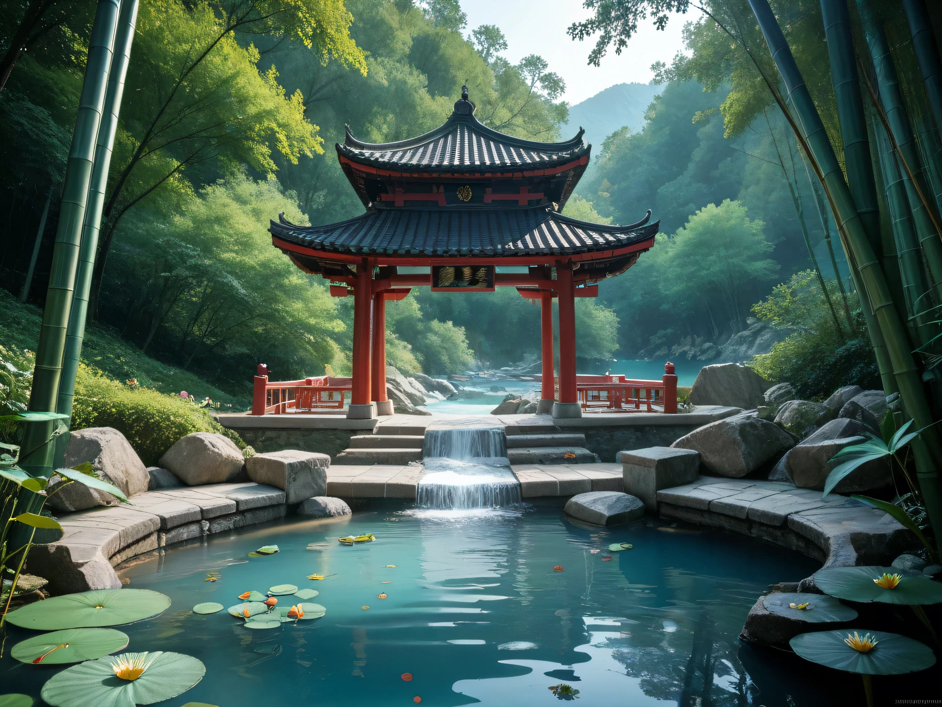 ( Beautiful Ancient Chinese Architecture, Moonlight flickering, lakes at night , in the shadow of bamboo forests , stone bridge arches , murmuring water , stone paths , blooming water lilies , hot spring steam , Auspicious moonlight illustration: 1.0), epic composition , super details Realistic , Highly realistic lighting , Best wallpaper quality , masterpiece. (very detailed CG unit 8k wallpaper ) .