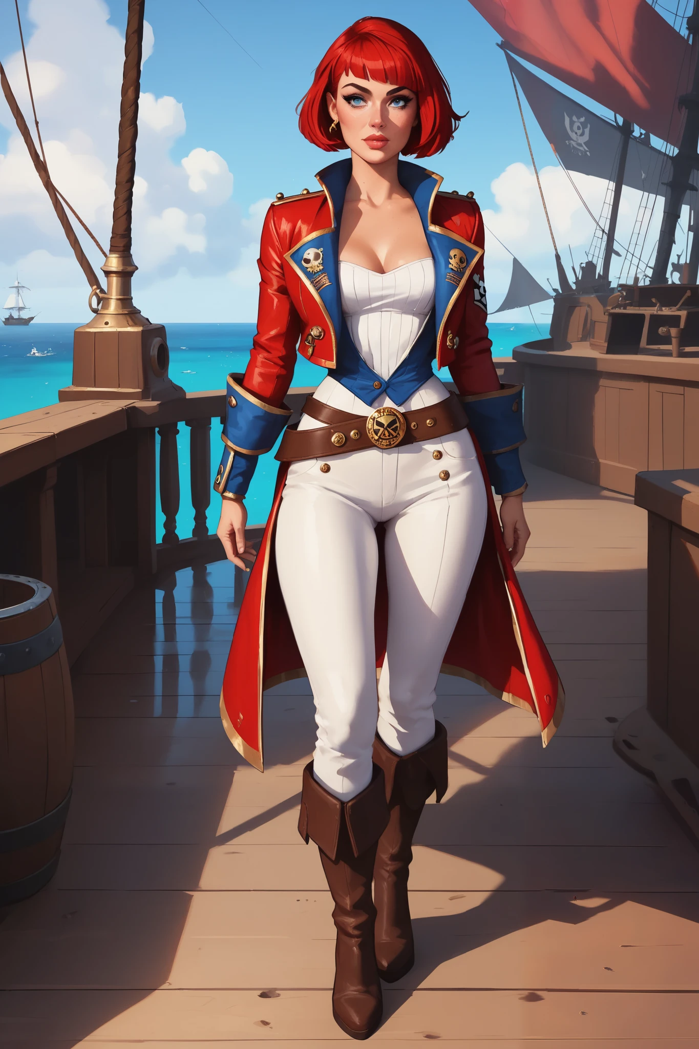 Captain Amelia, busty, pirate ship, pointy ears, back pose, oil painting, detailed facial features, intricate costume design, dramatic lighting, vivid colors, high resolution, photorealistic.