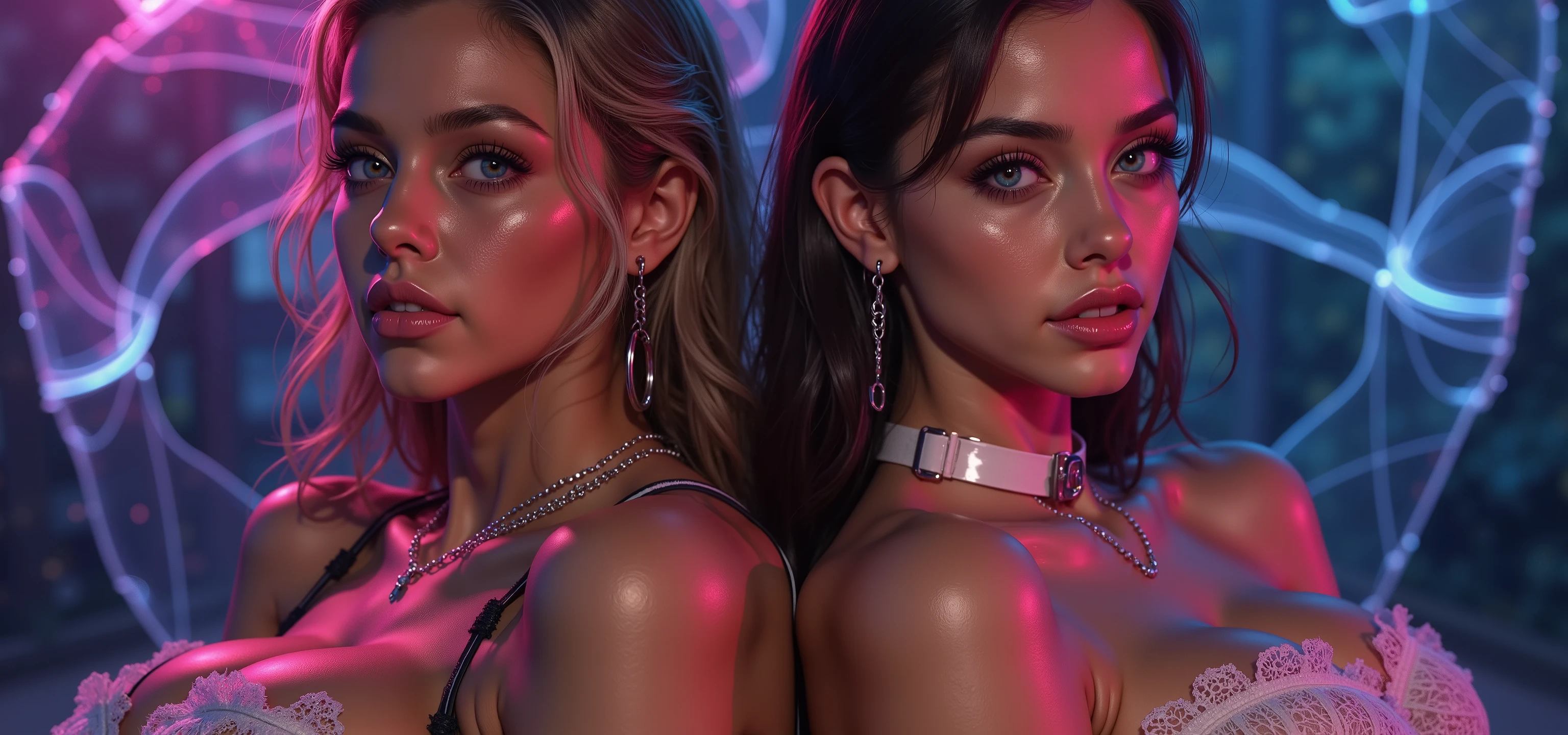 ((7 beautiful western model in indian file:1.8)),model are in file, blond girl is behind the other girl body in same direction, 1 blond 1 dark haired,(photorealism: 1.4),( hot girl brown skin),(complex and realistic skin texture:1.4),model smiling,big smile, closeup portrait view,18yo, very skinny,sexy G-string, tied arms hand cuffs ,close set round breast,angelic cute face,white teeth, perfect beauty, perfect eyes render, long eyelashes,large neon pink lips, smirk,psychedelic background,voronoi backround, hyper realistic and detailed face , blue eyes,no blur sharp focus on all body