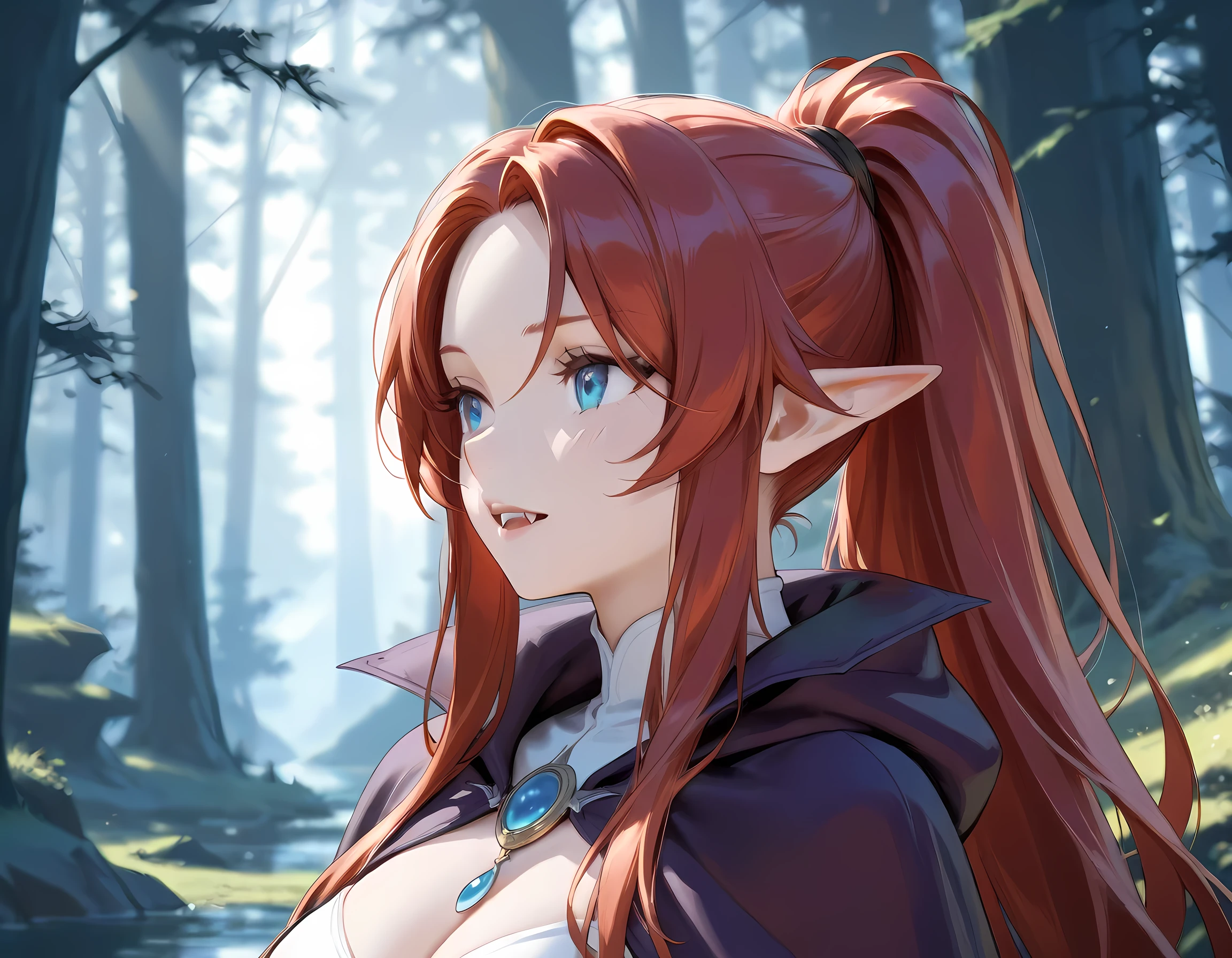 a portrait of a female elf vampire traveling on the forest road, an exquisite beautiful female elf (ultra details, Masterpiece, best quality), red hair, small pointed ears, pale skin, hair in a ponytail,  blue eyes, smirking, wearing white silk dress, intricate dress, dress (ultra details, Masterpiece, best quality), purple cloak, in dark fantasy forest at night, dark trees, the moon is high in the sky, best anatomy, high details, best quality, 16k, [ultra detailed], masterpiece, best quality, (extremely detailed), close up, ultra wide shot, photorealistic, RAW, fantasy art, dnd art, fantasy art, realistic art,((best quality)), ((masterpiece)), (detailed), perfect face, RAW, dark fantasy art, anime, NRART, fangs style