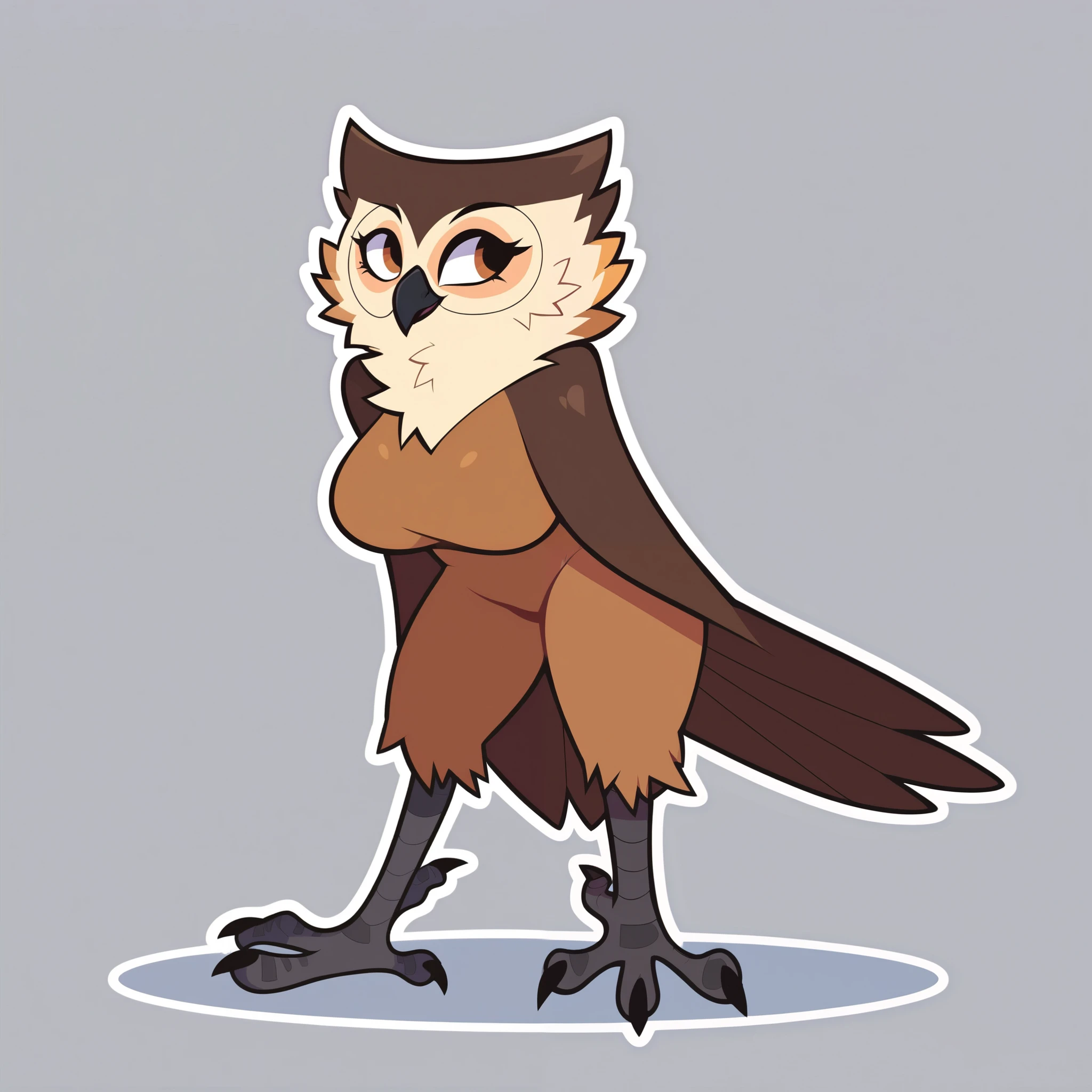 score_9, score_8, score_7, Cowboy Shot , Alone , beautiful, 2d, vector art, cartoon , ( white outline ), dynamic posture , telegramstickerxl , Simple background , 1 girl, nude, anthropo, hips, owl, Avian feathers , beak , soft coat, Brown body y negro, Brown body, curvilinear, sexy, Big breasts, hips anchas, hair emo short black, full body, black sweatshirt